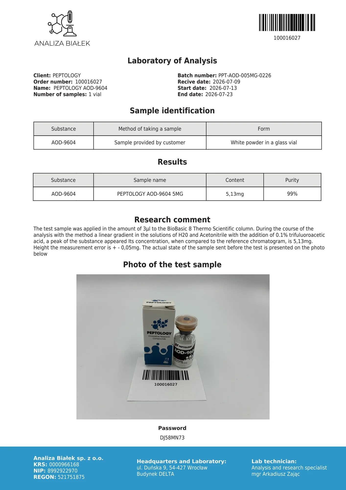 AOD-9604 5 mg – certificat de puritate HPLC, lot 0226