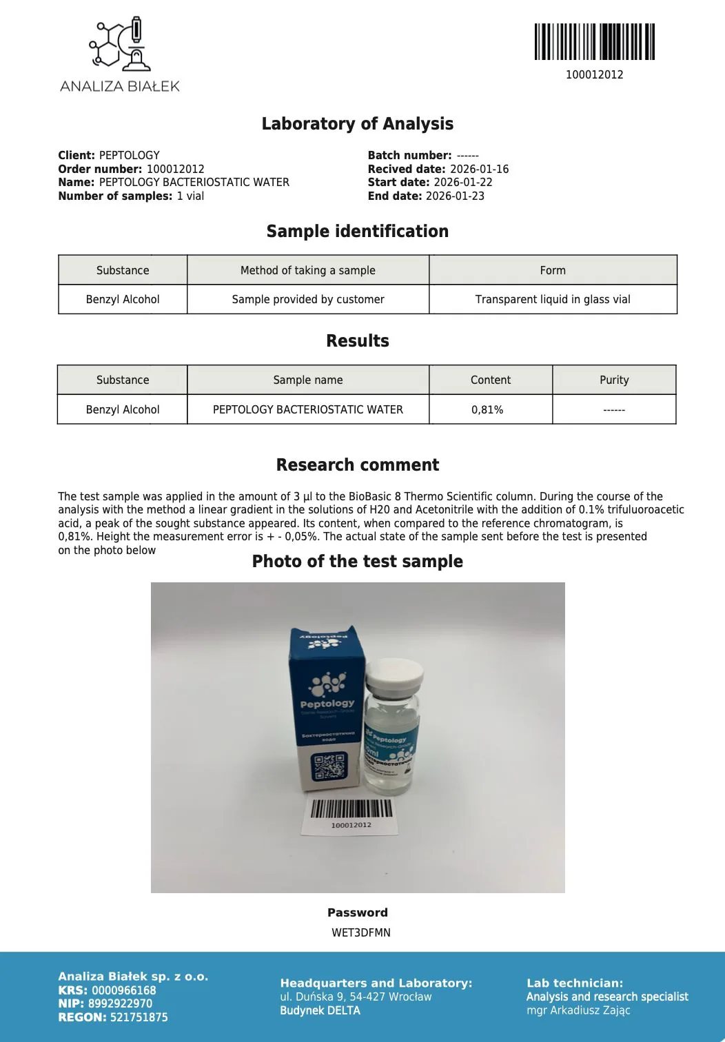 Apă bacteriostatică – certificat de puritate HPLC
