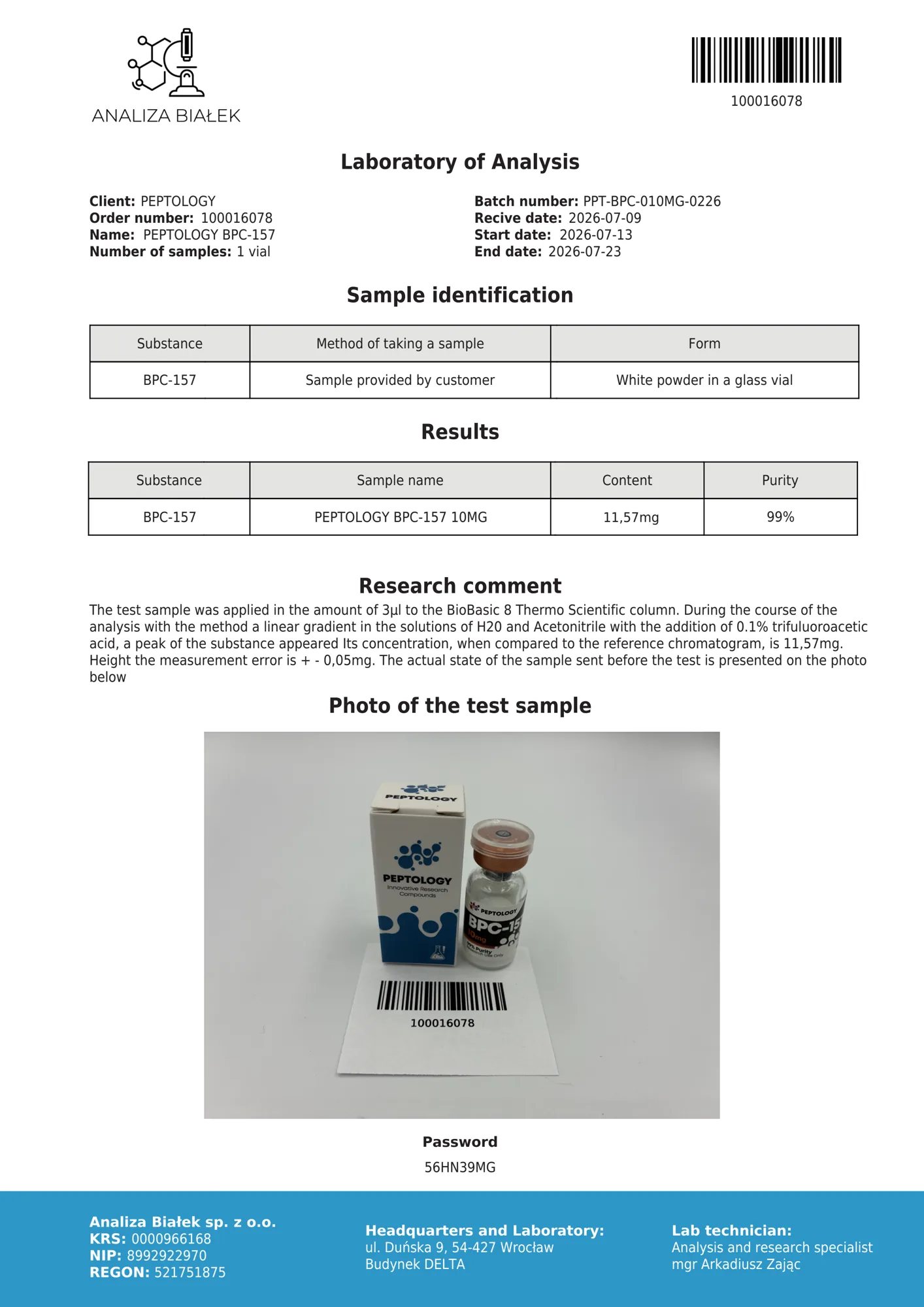 BPC‑157 10 mg – certificat de puritate HPLC, lot 0226