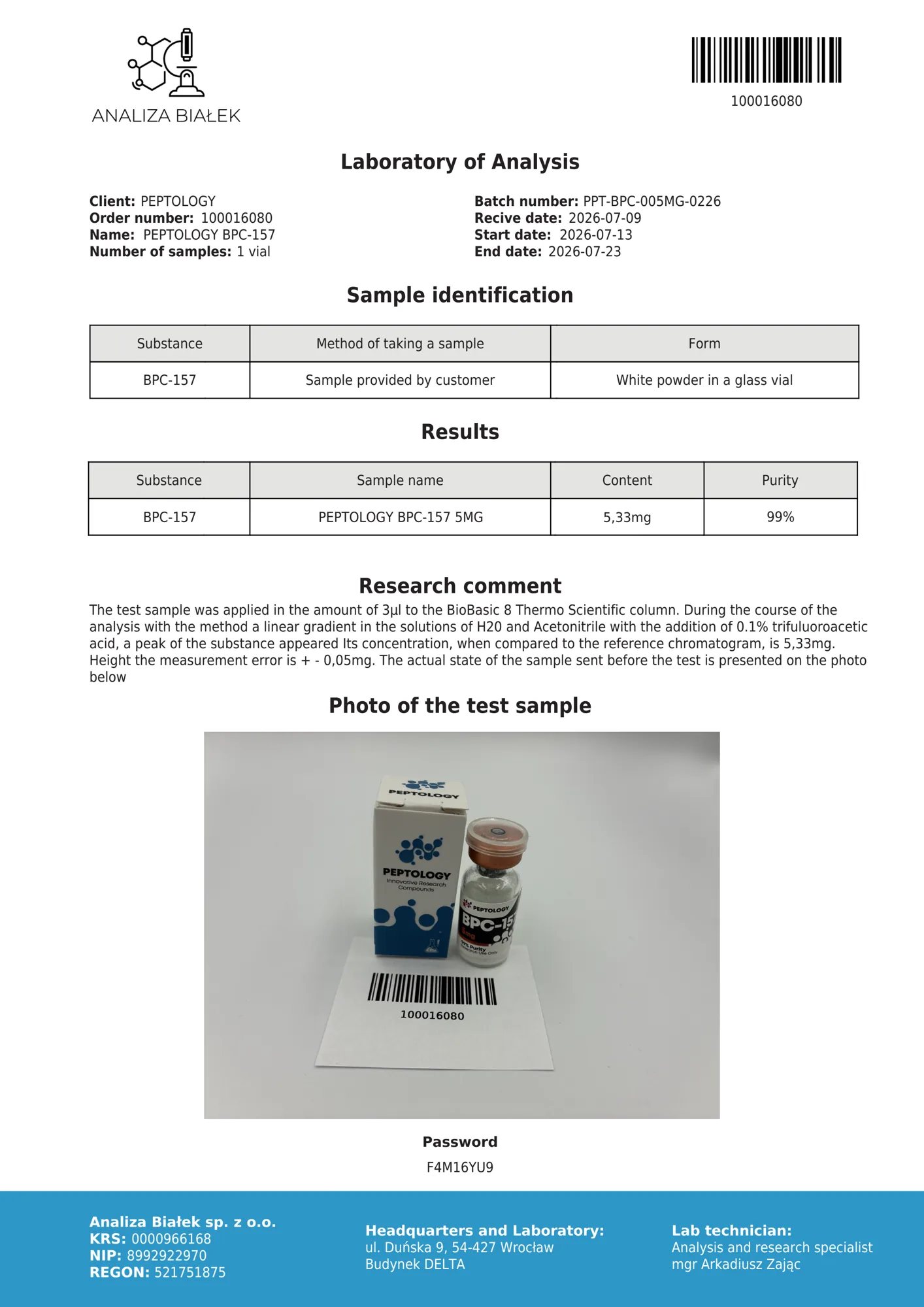 BPC‑157 5 mg – certificat de puritate HPLC, lot 0226
