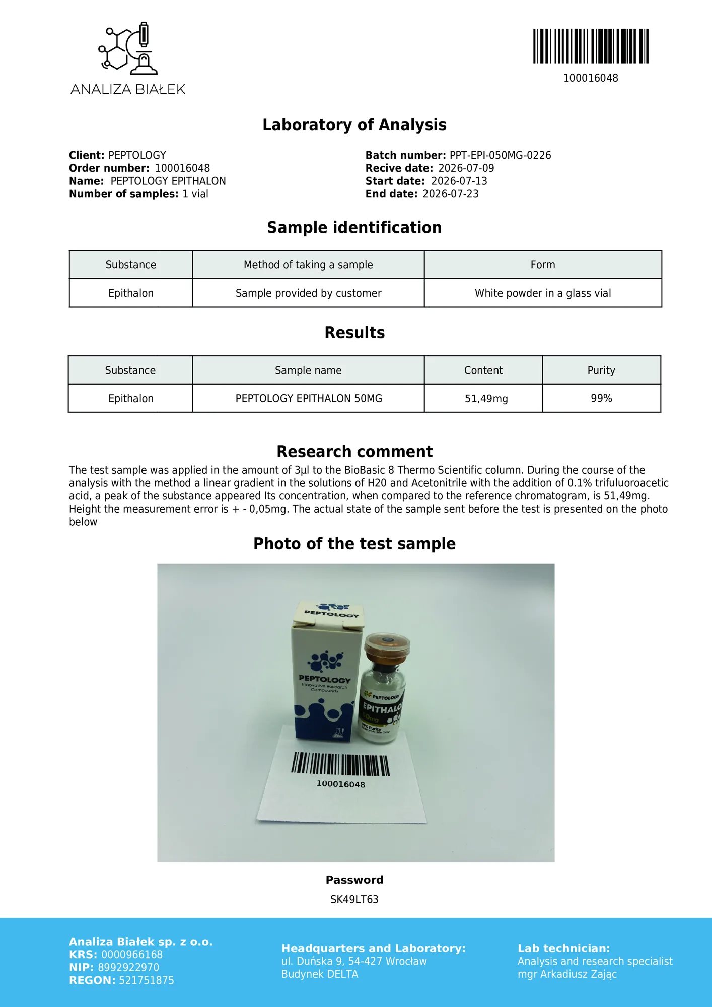 Epithalon 50 mg – certificat de puritate HPLC, lot 0226