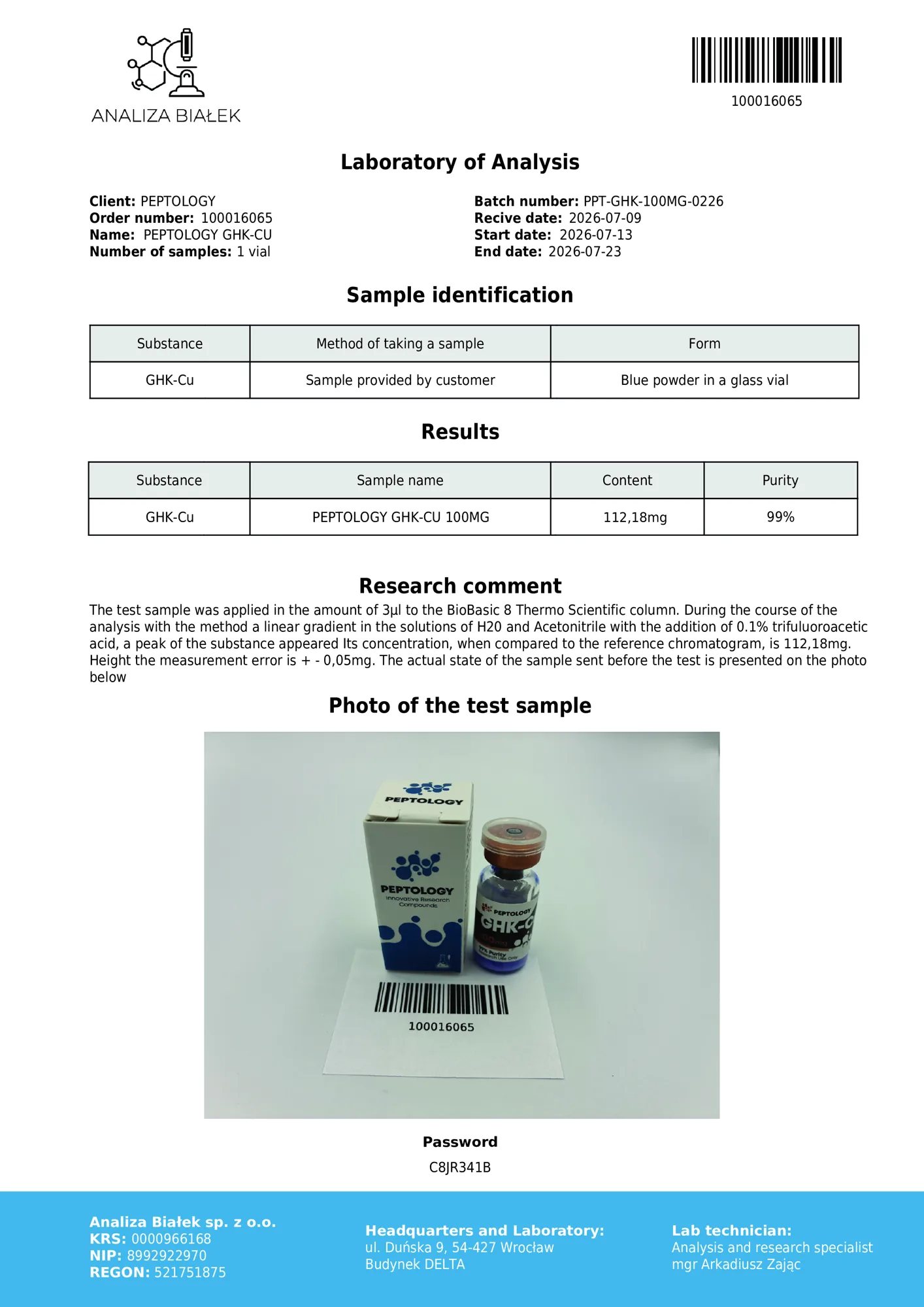 GHK-Cu 100 mg – certificat de puritate HPLC, lot 0226