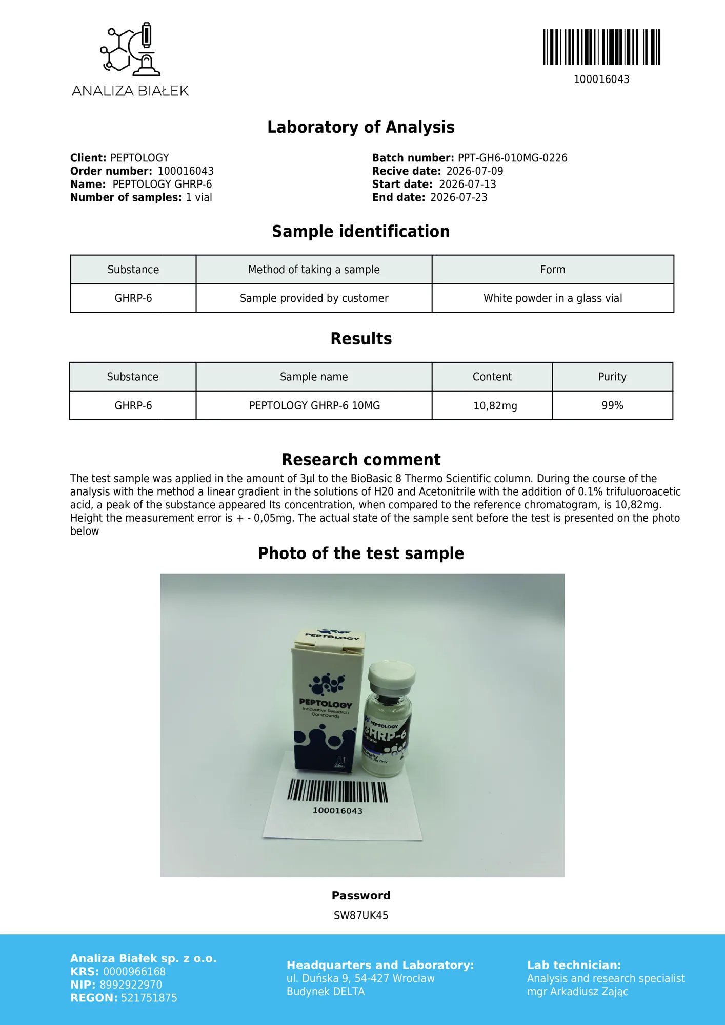 GHRP-6 10 mg – certificat de puritate HPLC, lot 0226