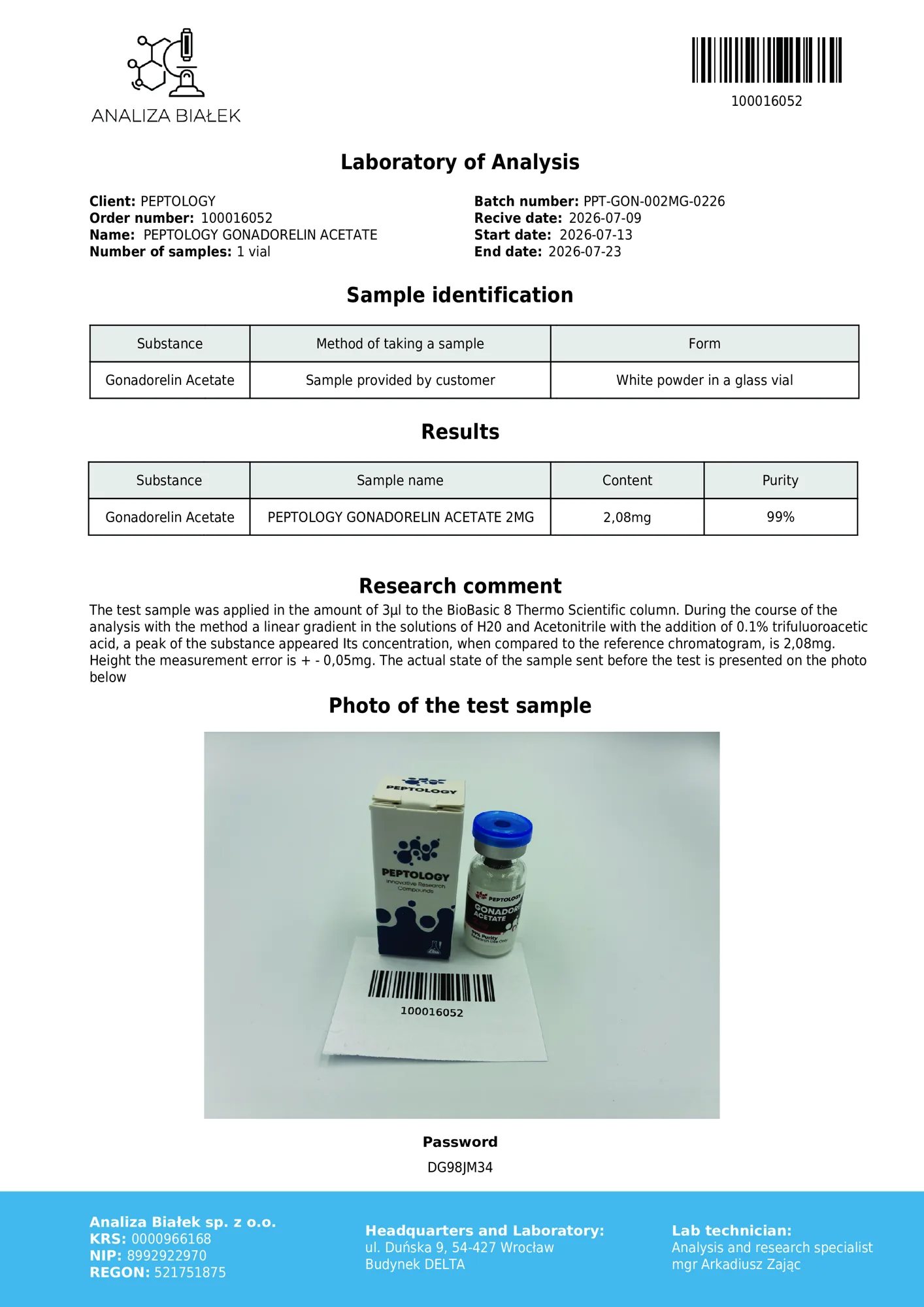 Gonadorelin 2 mg – certificat de puritate HPLC, lot 0226