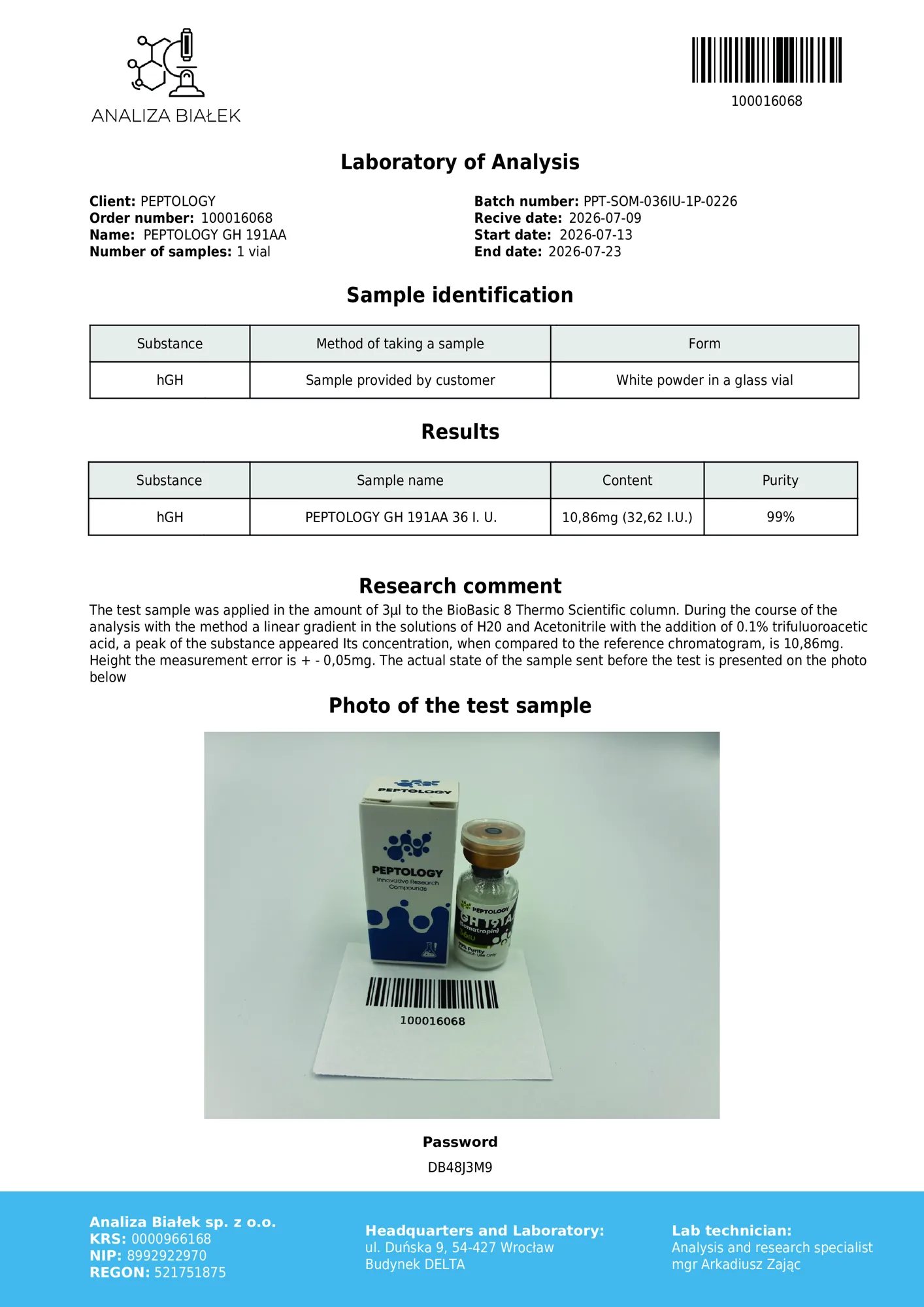 Somatropin 36 IU – certificat de puritate HPLC, lot 0226