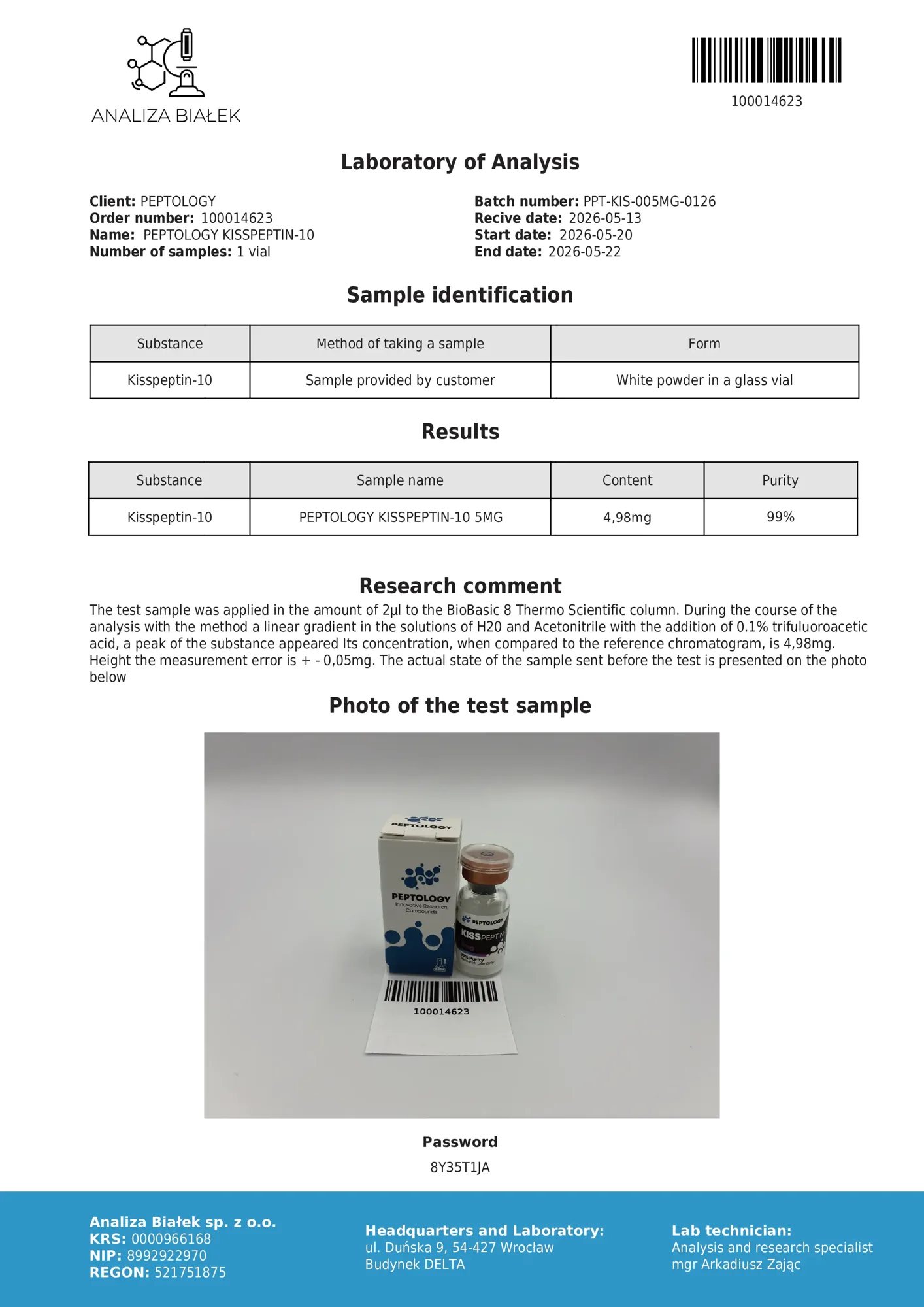 Kisspeptin-10 5 mg – certificat de puritate HPLC, lot 0126
