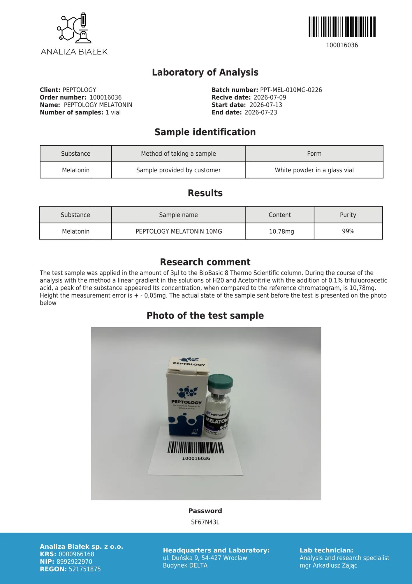 Melatonin 10 mg – certificat de puritate HPLC, lot 0226
