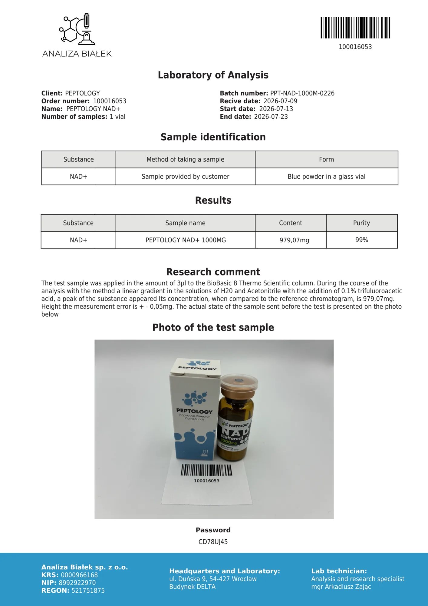 NAD+ 1000 mg – certificat de puritate HPLC, lot 0226