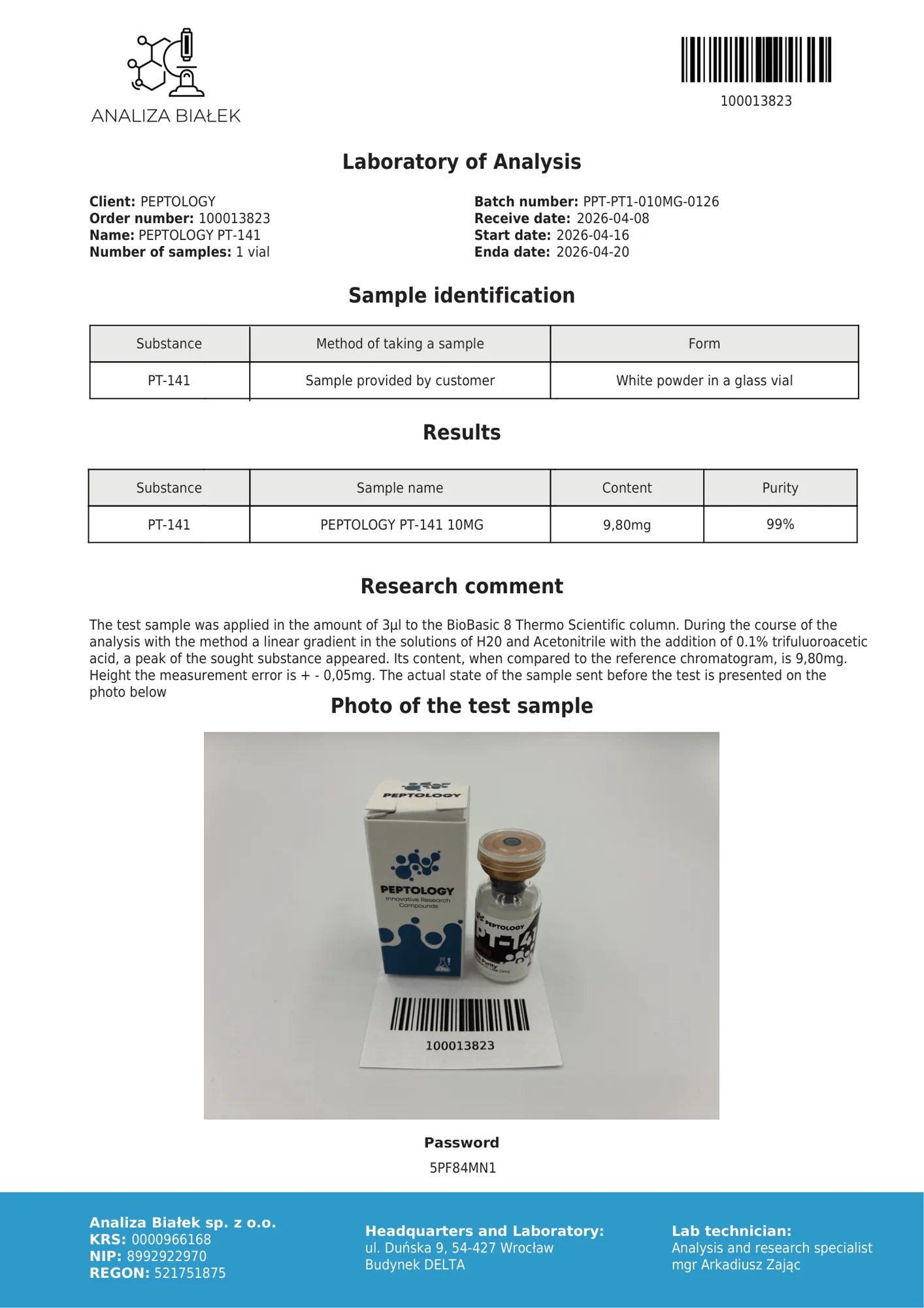 PT-141 10 mg – certificat de puritate HPLC, lot 0126
