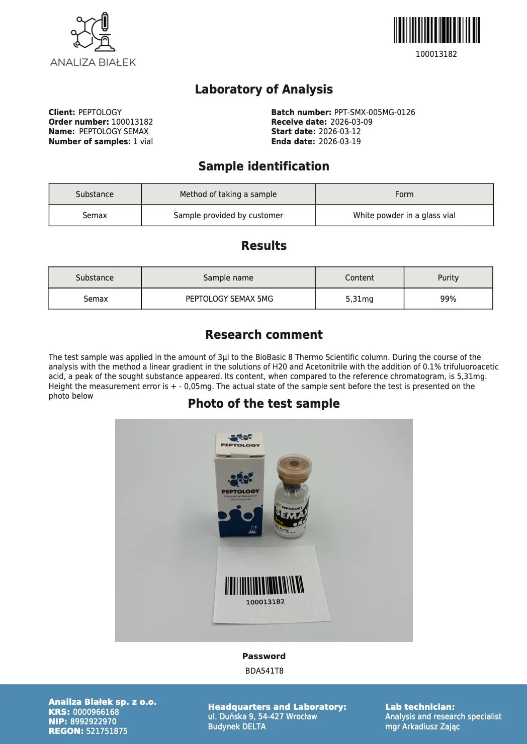 Semax 5 mg – certificat de puritate HPLC, lot 0126