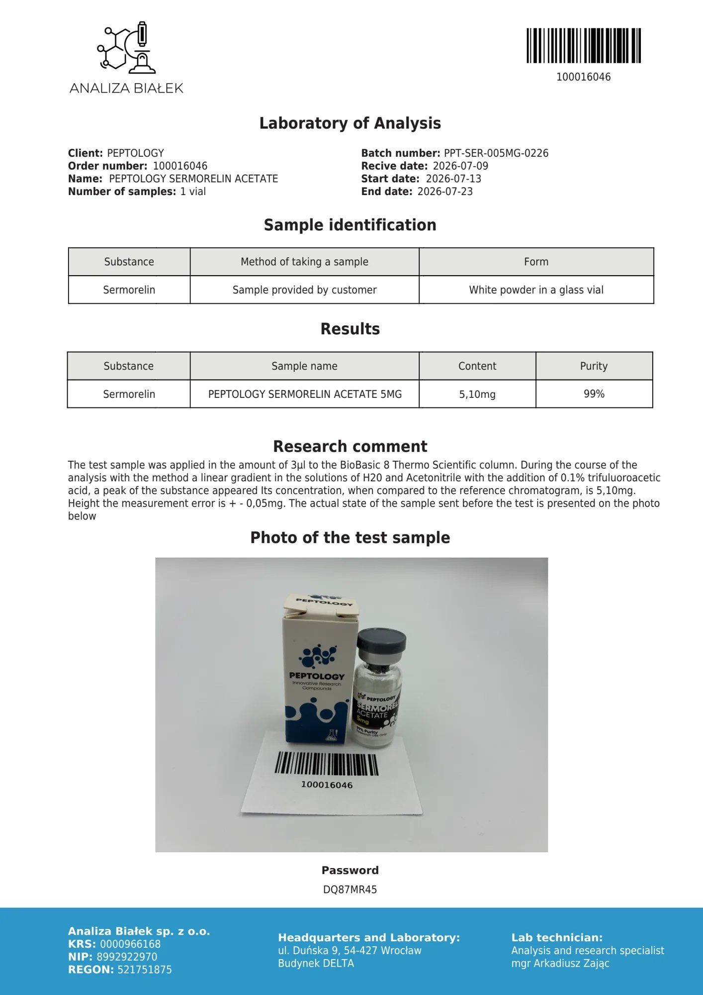 Sermorelin 5 mg – certificat de puritate HPLC, lot 0226