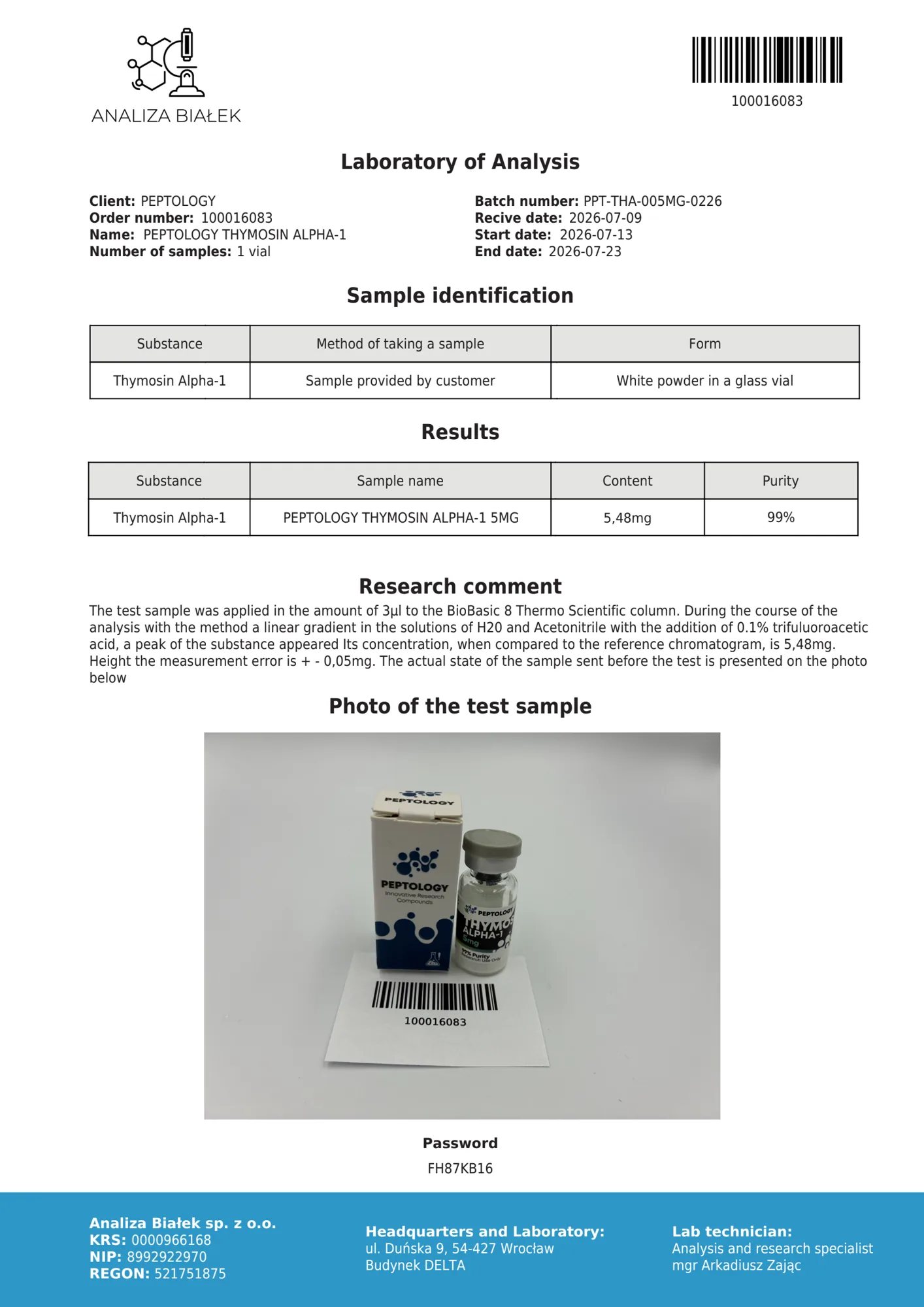 Thymosin Alpha-1 5 mg – certificat de puritate HPLC, lot 0226