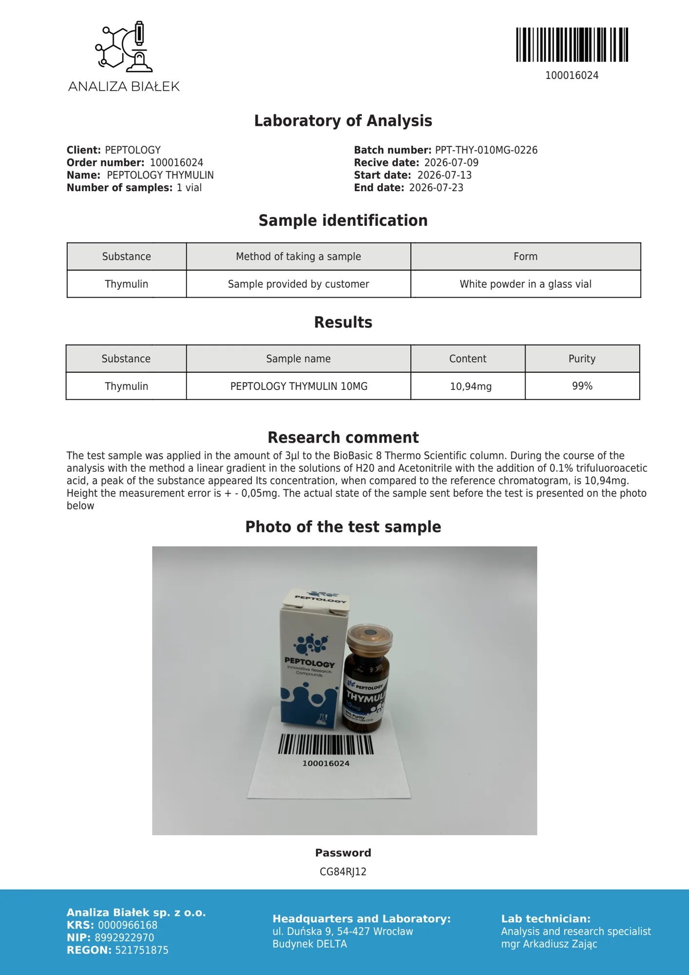 Thymulin 10 mg – certificat de puritate HPLC, lot 0226