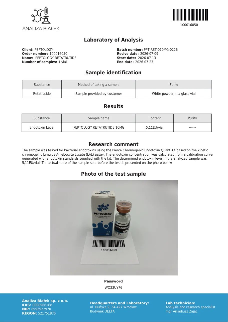 Retatrutide 10 mg – test de endotoxine, lot 0226
