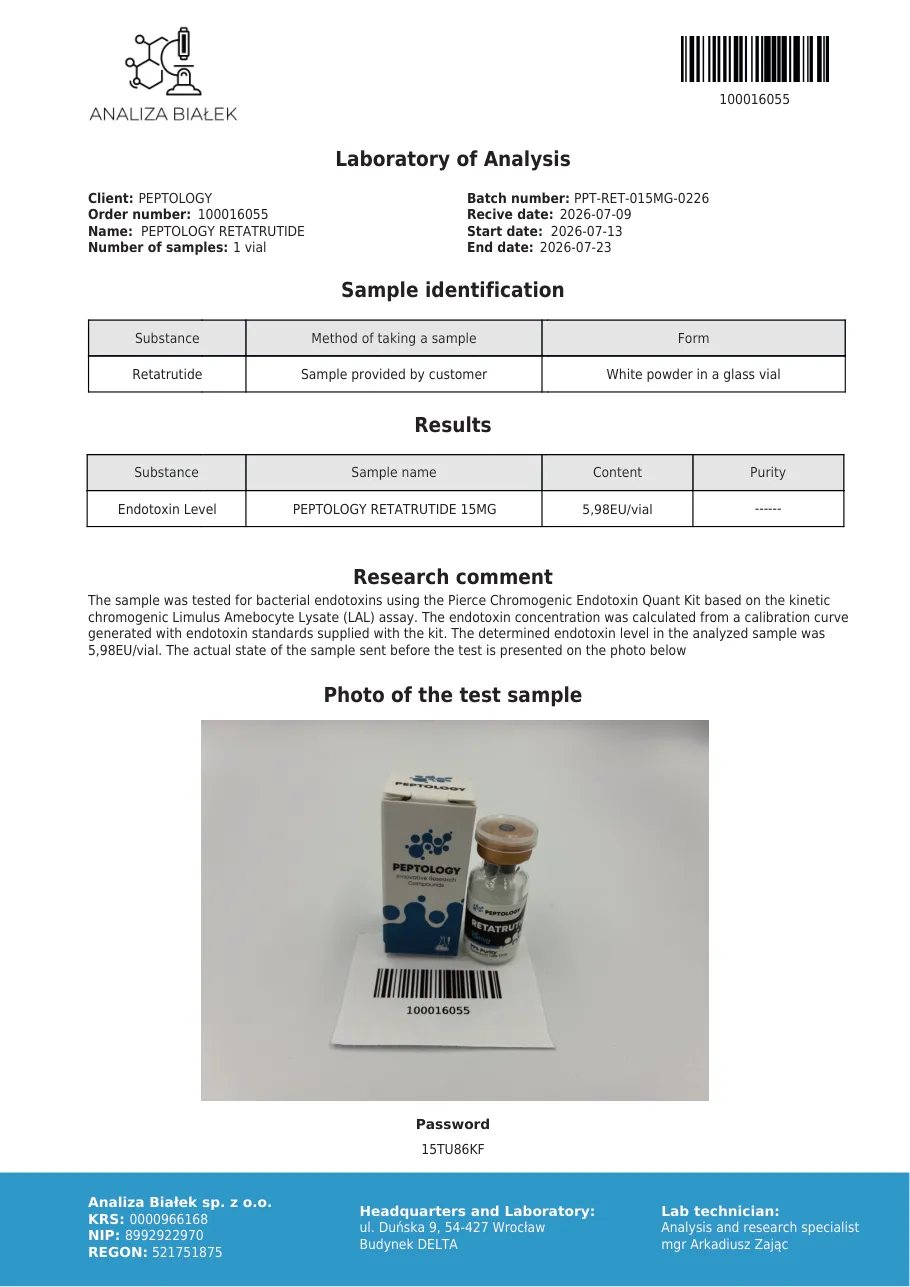 Retatrutide 15 mg – test de endotoxine, lot 0226