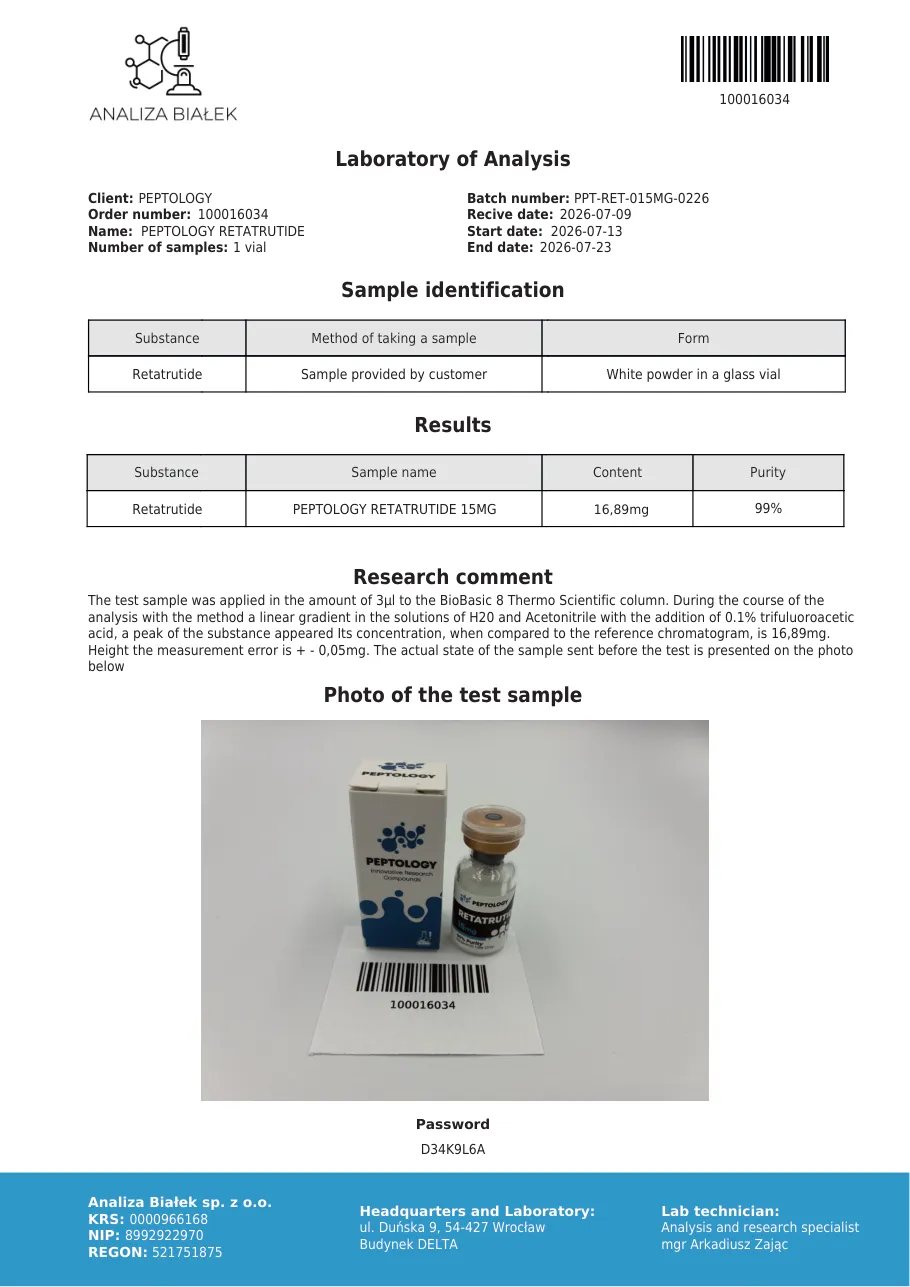 Retatrutide 15 mg – certificat de puritate HPLC, lot 0226