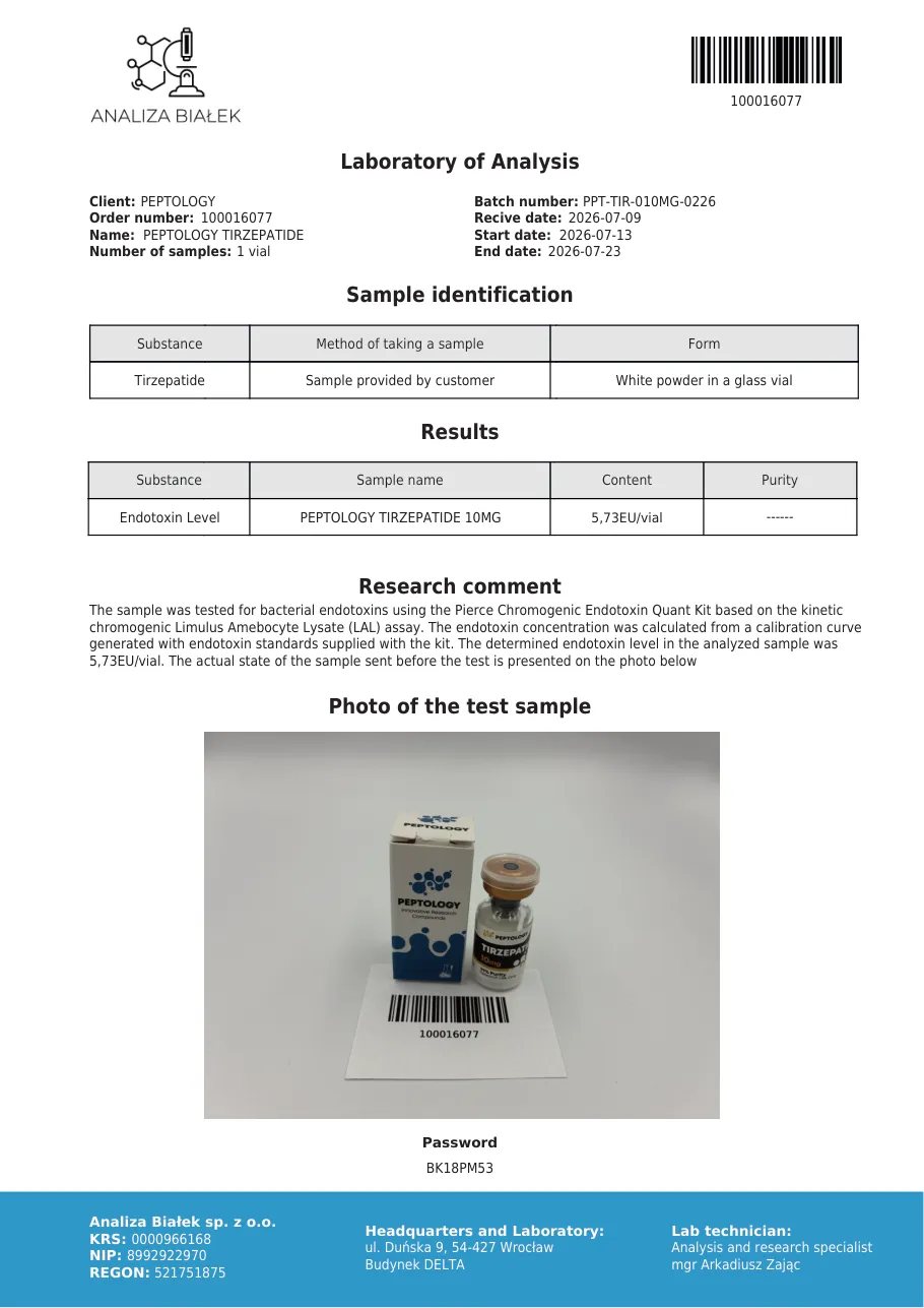 Tirzepatide 10 mg – test de endotoxine, lot 0226