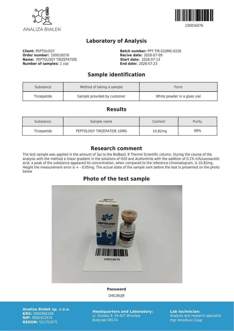 Tirzepatide 10 mg – certificat de puritate HPLC, lot 0226