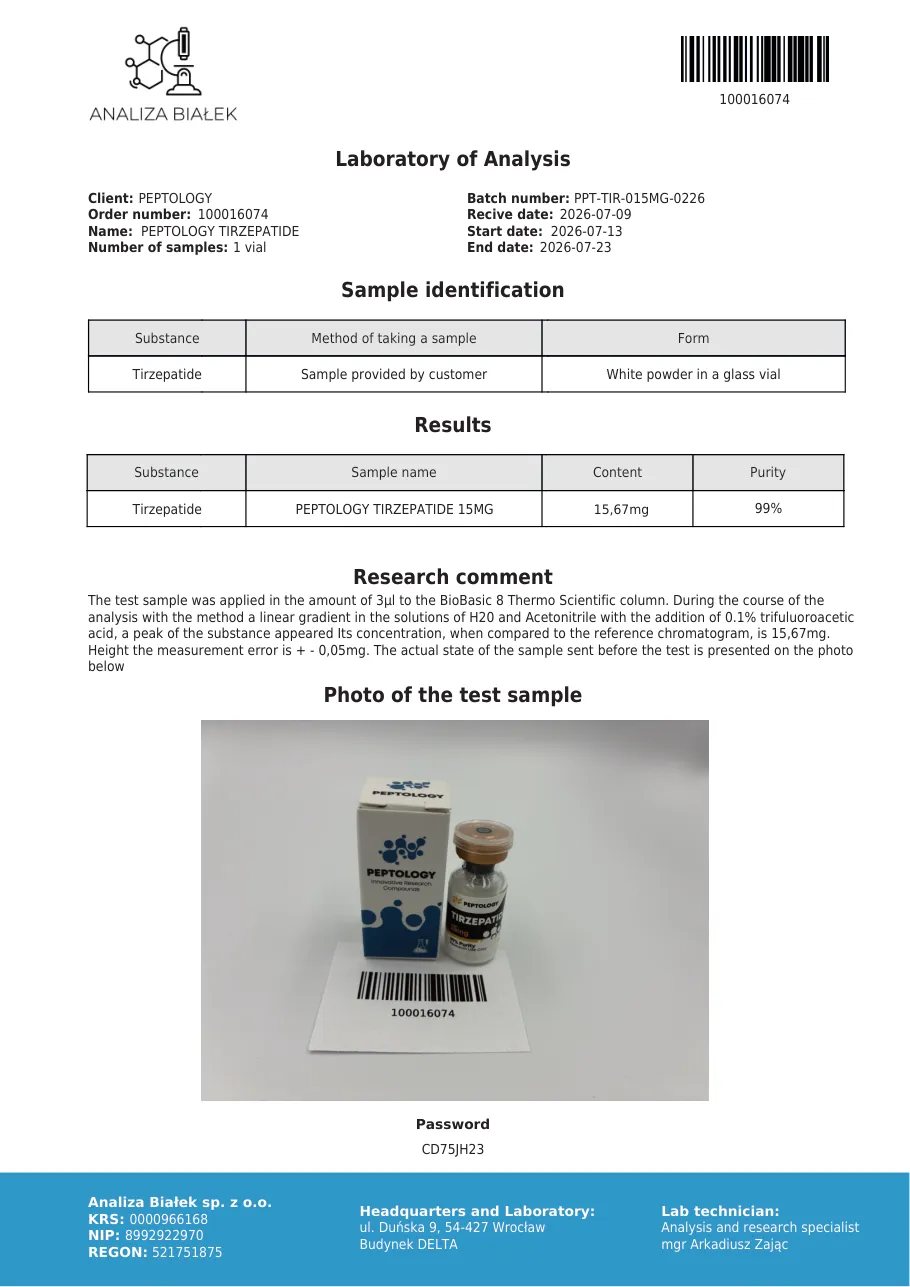 Tirzepatide 15 mg – certificat de puritate HPLC, lot 0226