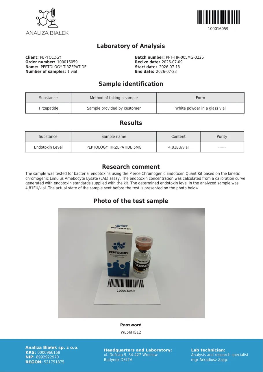 Tirzepatide 5 mg – test de endotoxine, lot 0226