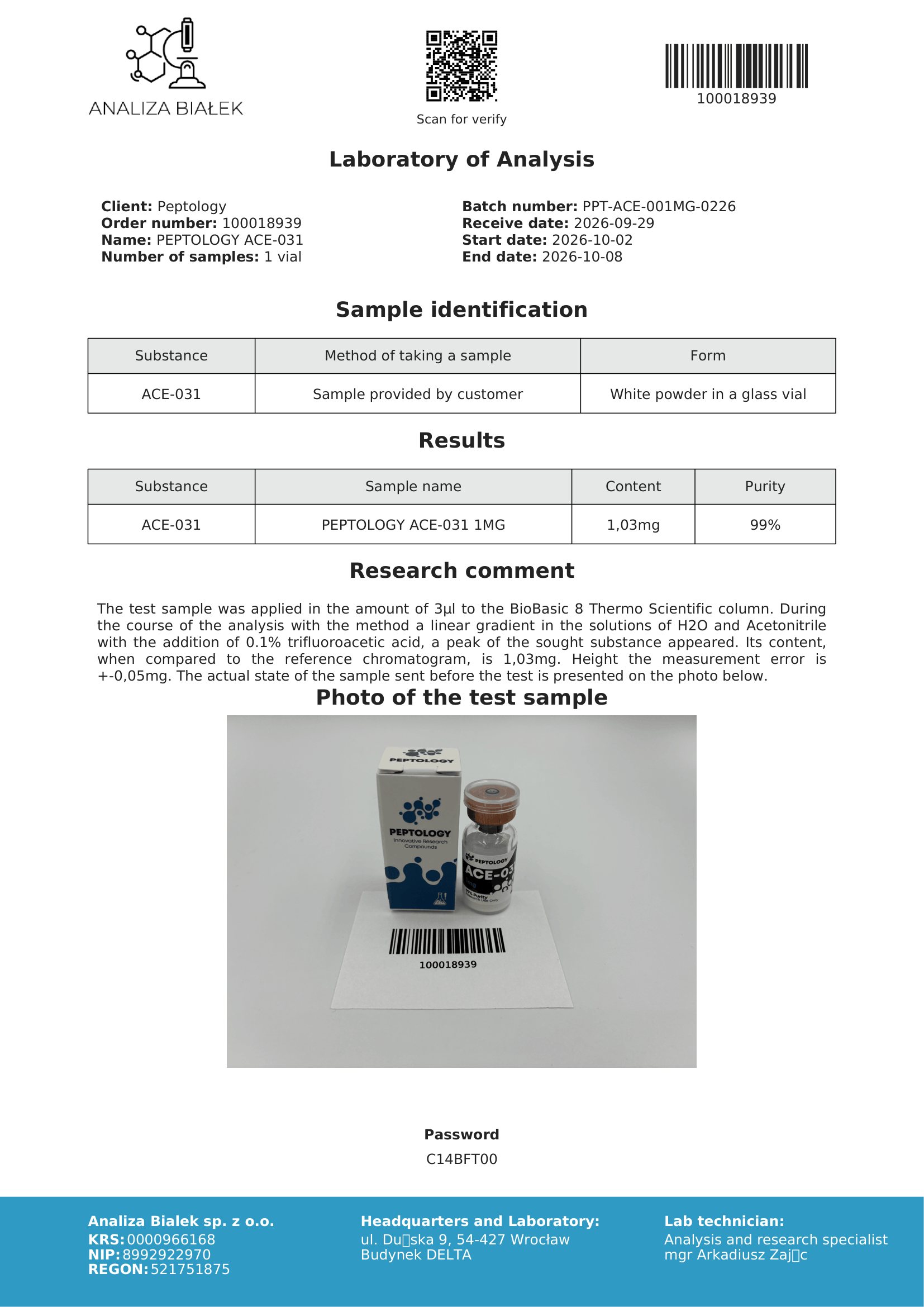 ACE-031 – certificat de puritate HPLC, lot 0226