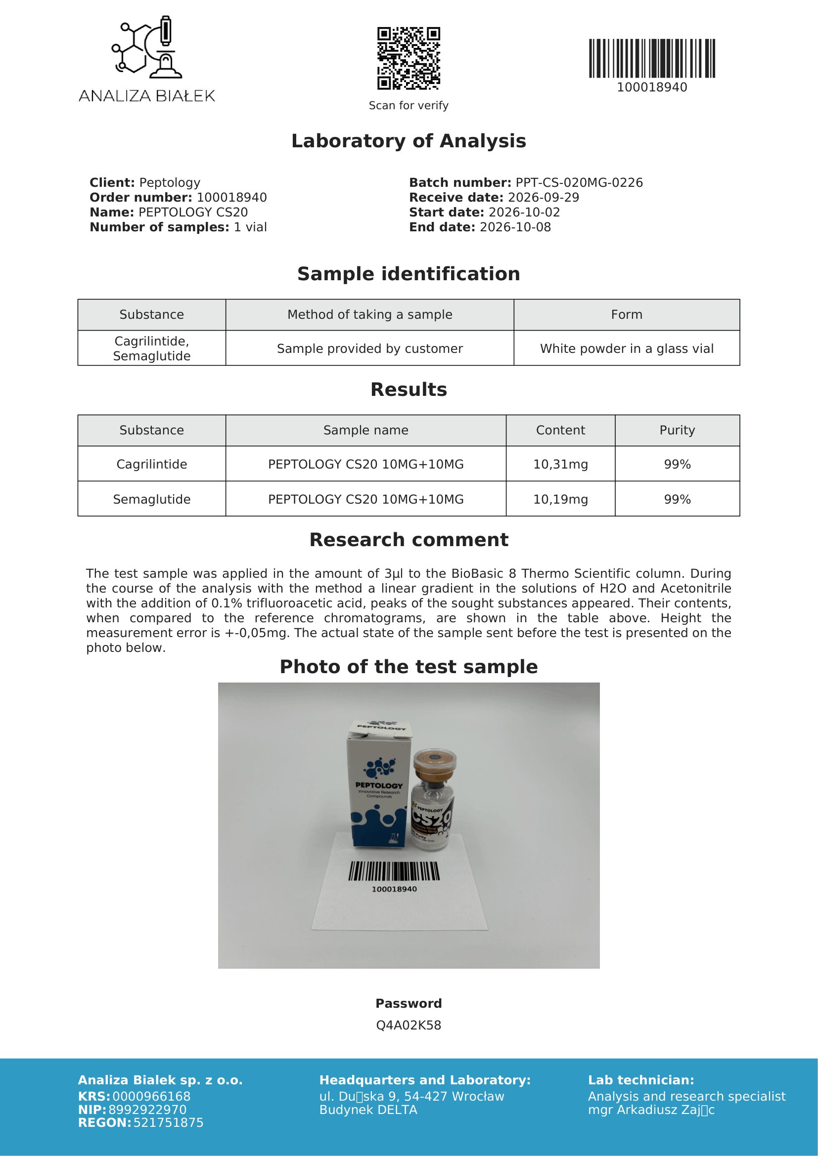CS20 – certificat de puritate HPLC, lot 0226