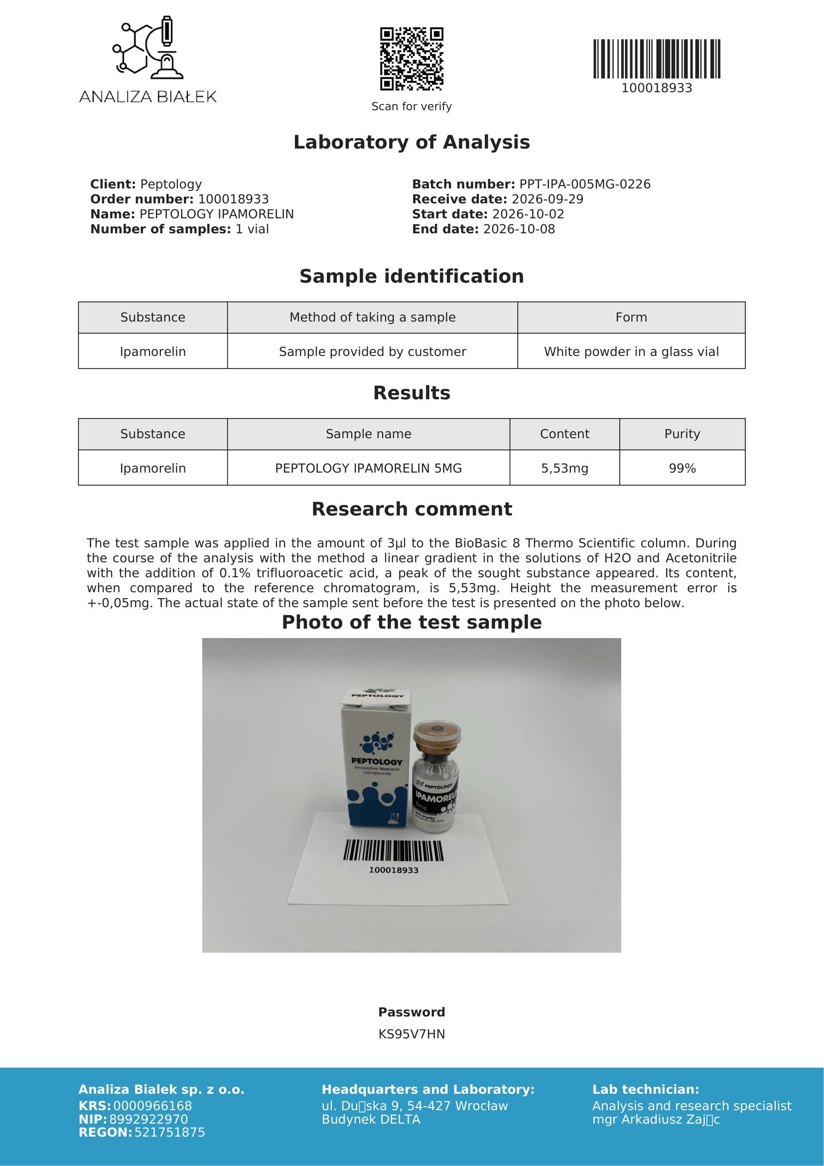 Ipamorelin 5 mg – certificat de puritate HPLC, lot 0226