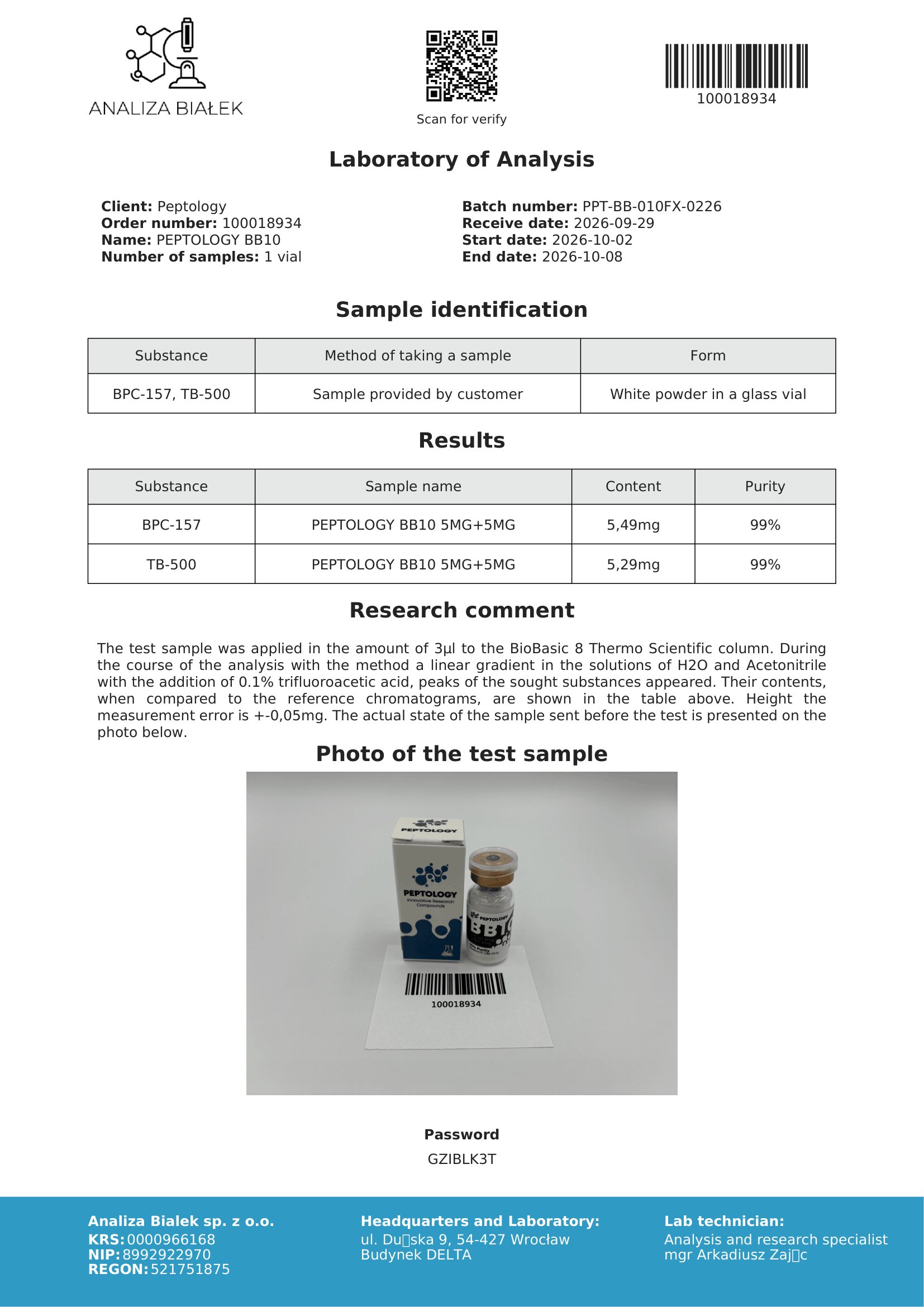 BB10 – certificat de puritate HPLC, lot 0226