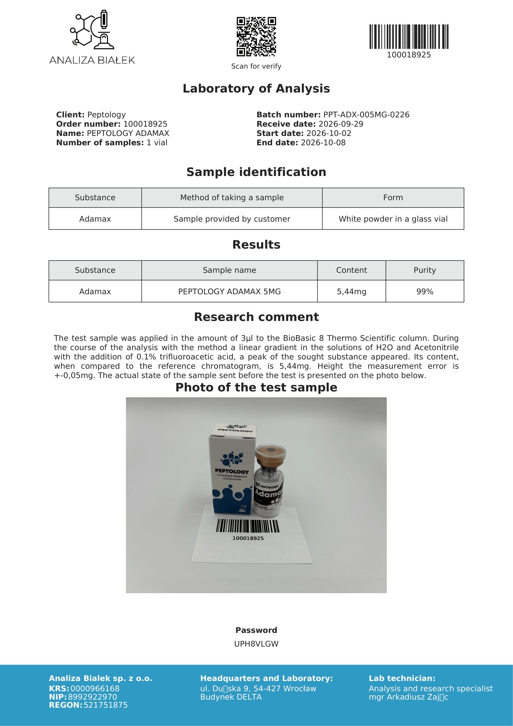 Adamax – certificat de puritate HPLC, lot 0226