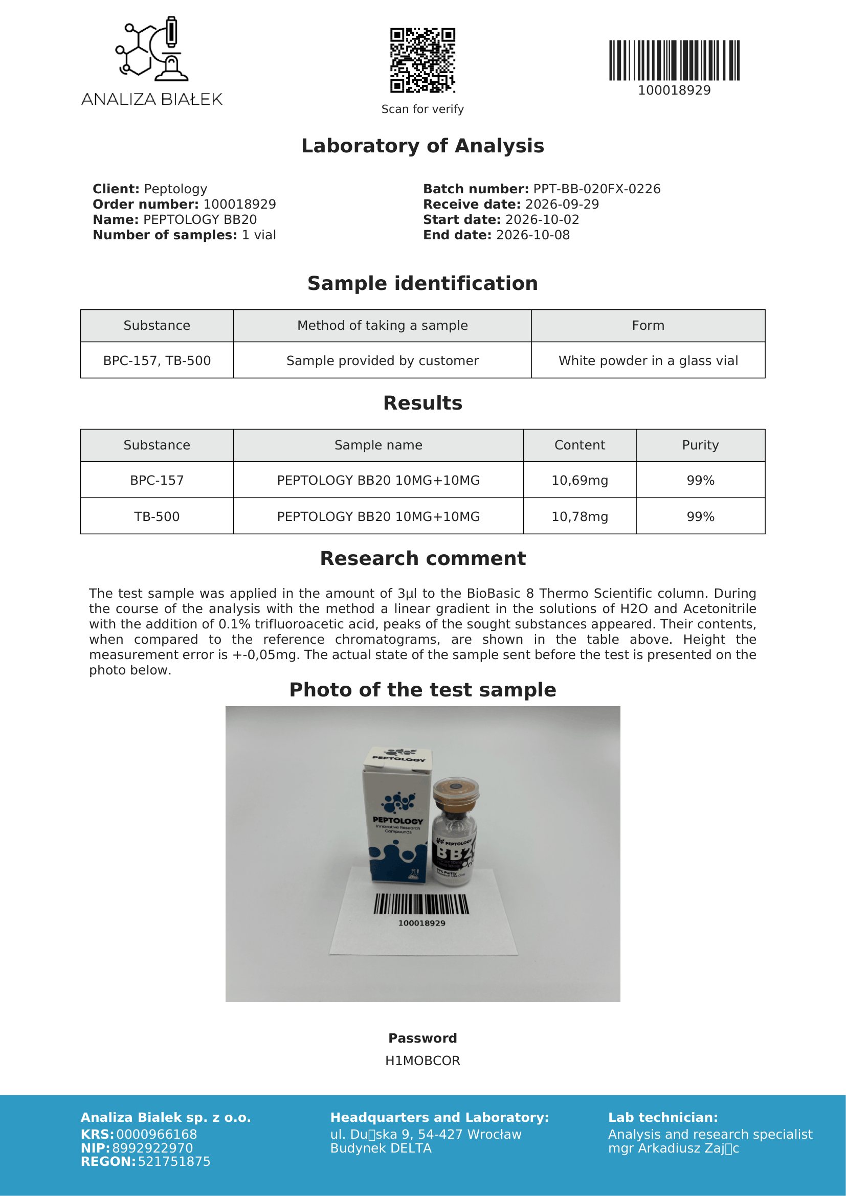 BB20 – certificat de puritate HPLC, lot 0226