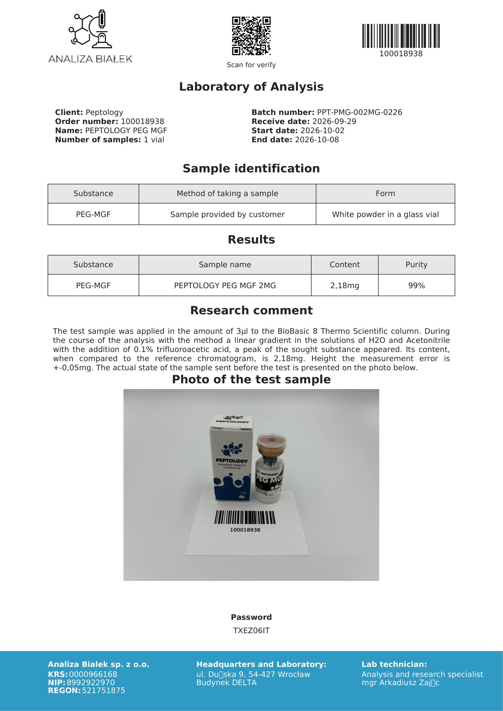 PEG-MGF 2 mg – certificat de puritate HPLC, lot 0226