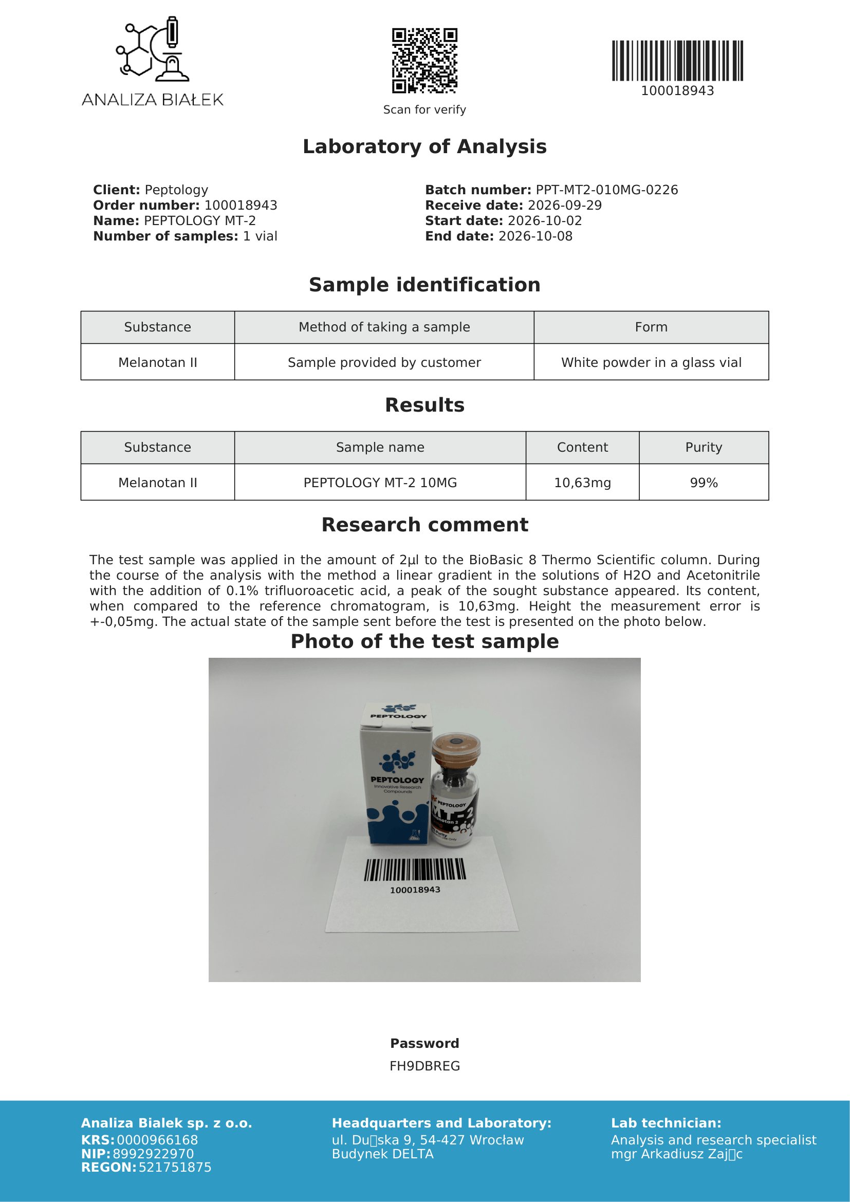 MT-2 – certificat de puritate HPLC, lot 0226