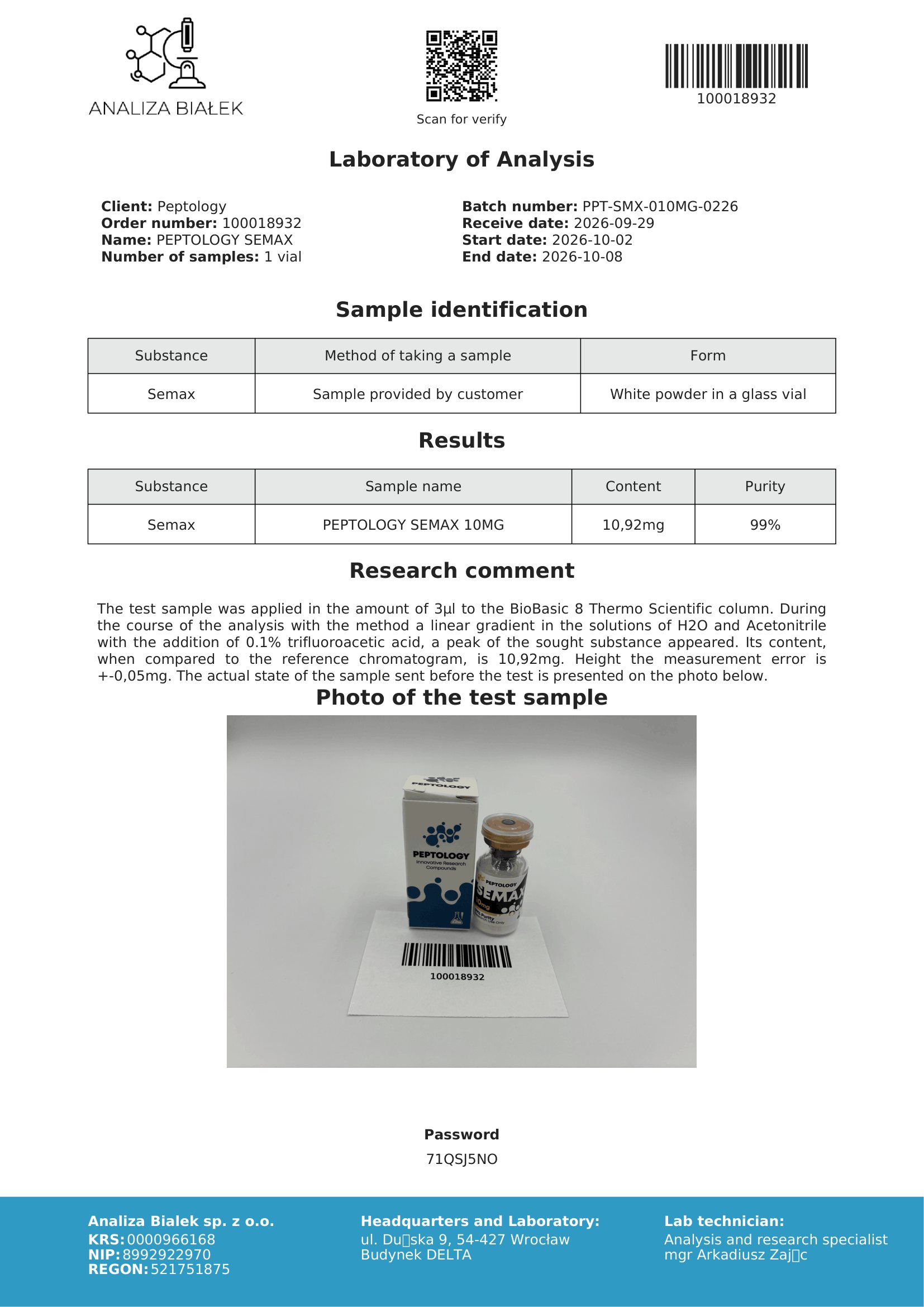 Semax 10 mg – certificat de puritate HPLC, lot 0226