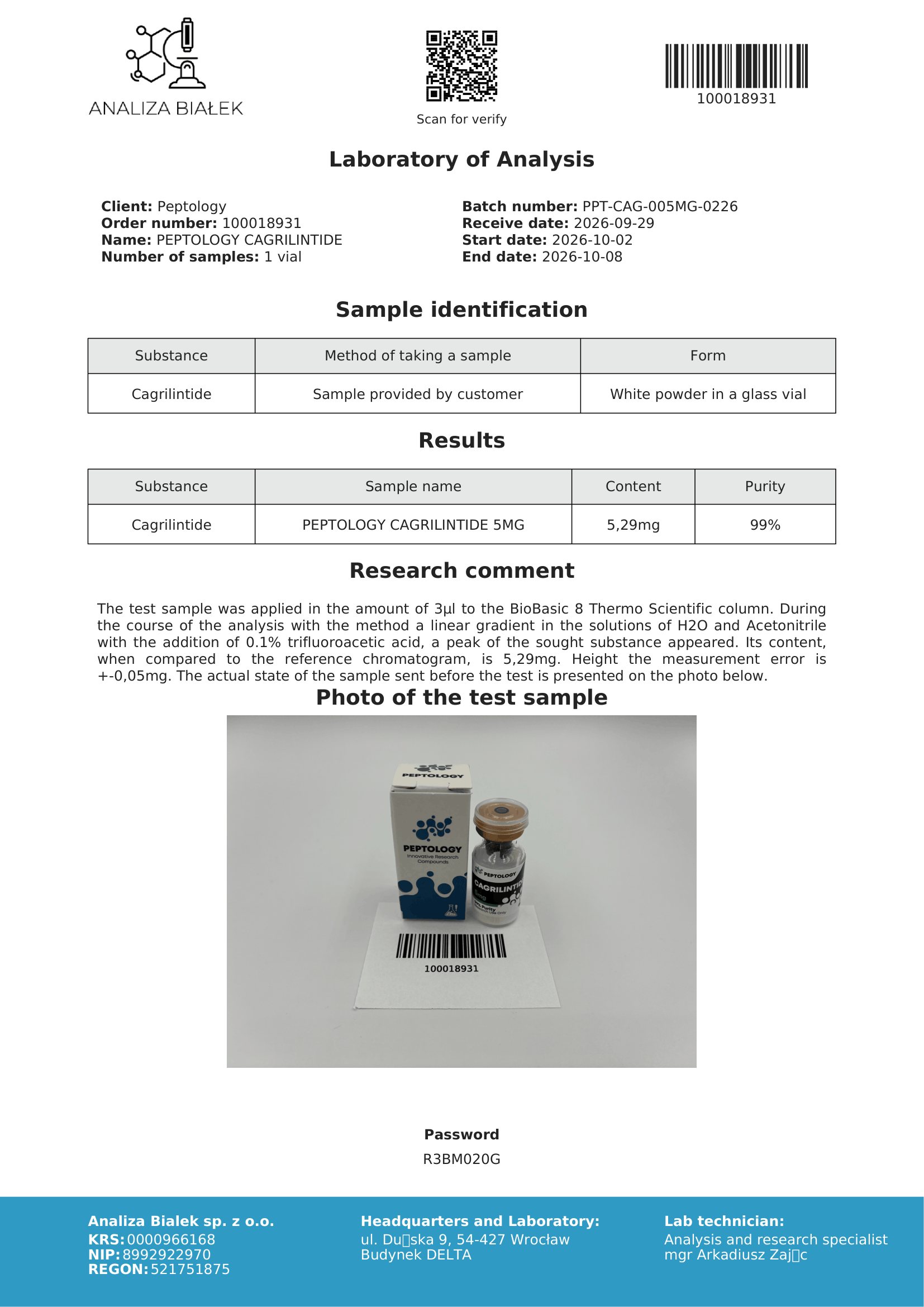 Cagrilintide 5 mg – certificat de puritate HPLC, lot 0226