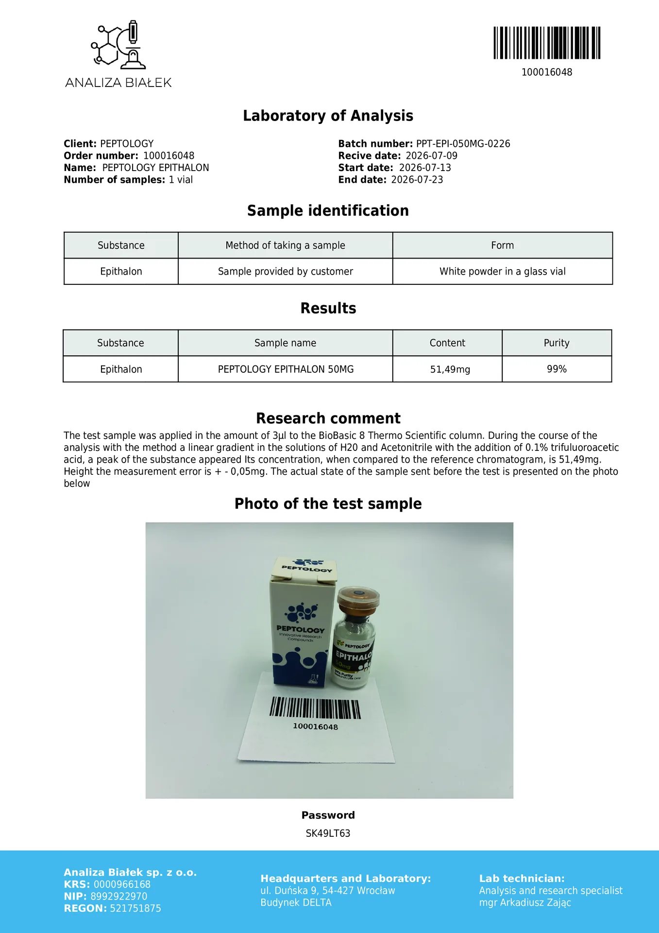 Epithalon 50 mg – Tetrapeptidă sintetică (AEDG) – imagine 2