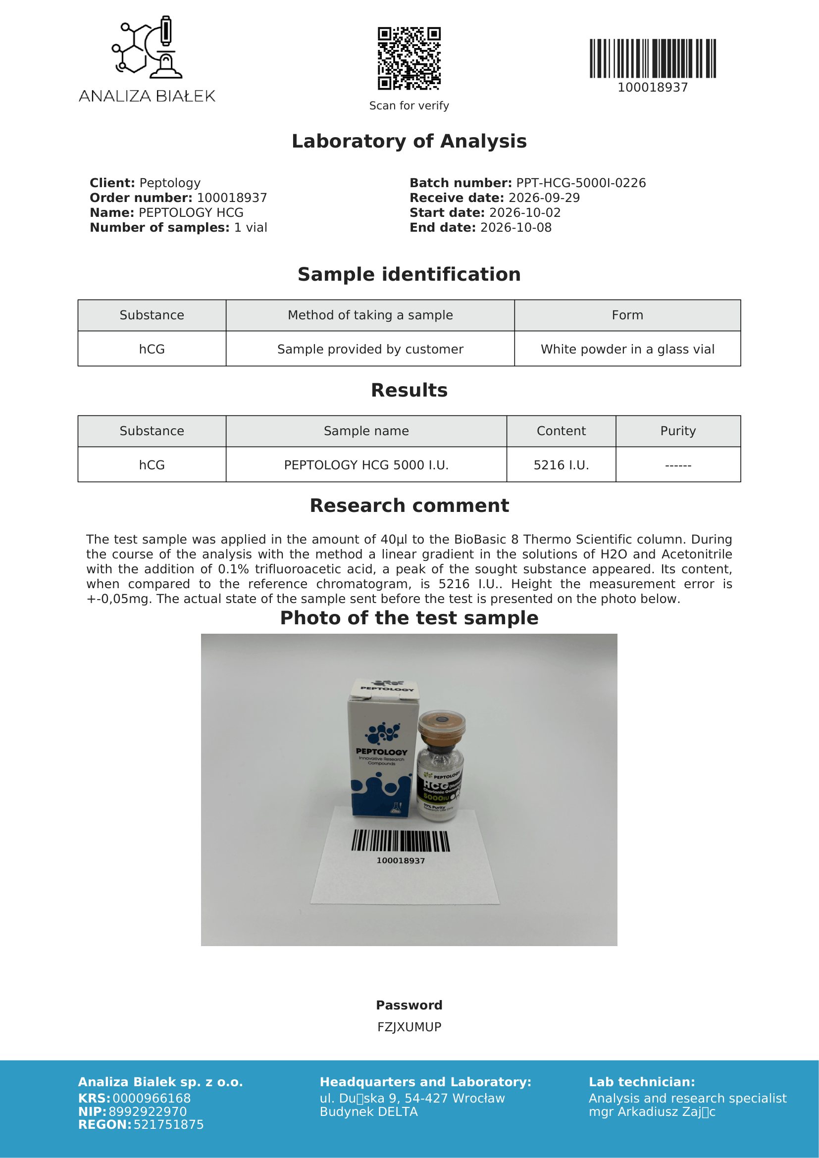 HCG – certificat de puritate HPLC, lot 0226