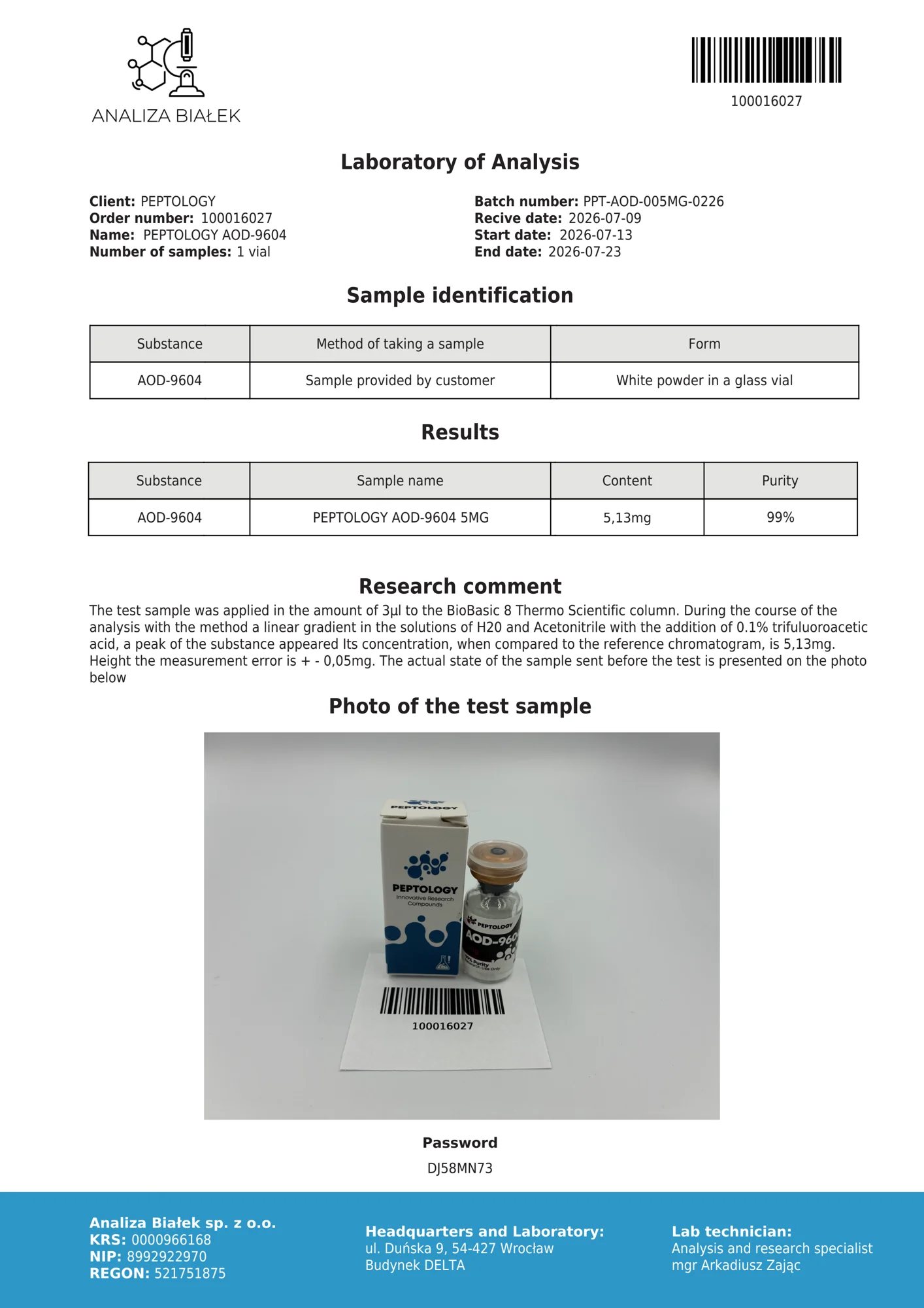 AOD-9604 5 mg – certificat de puritate HPLC, lot 0226