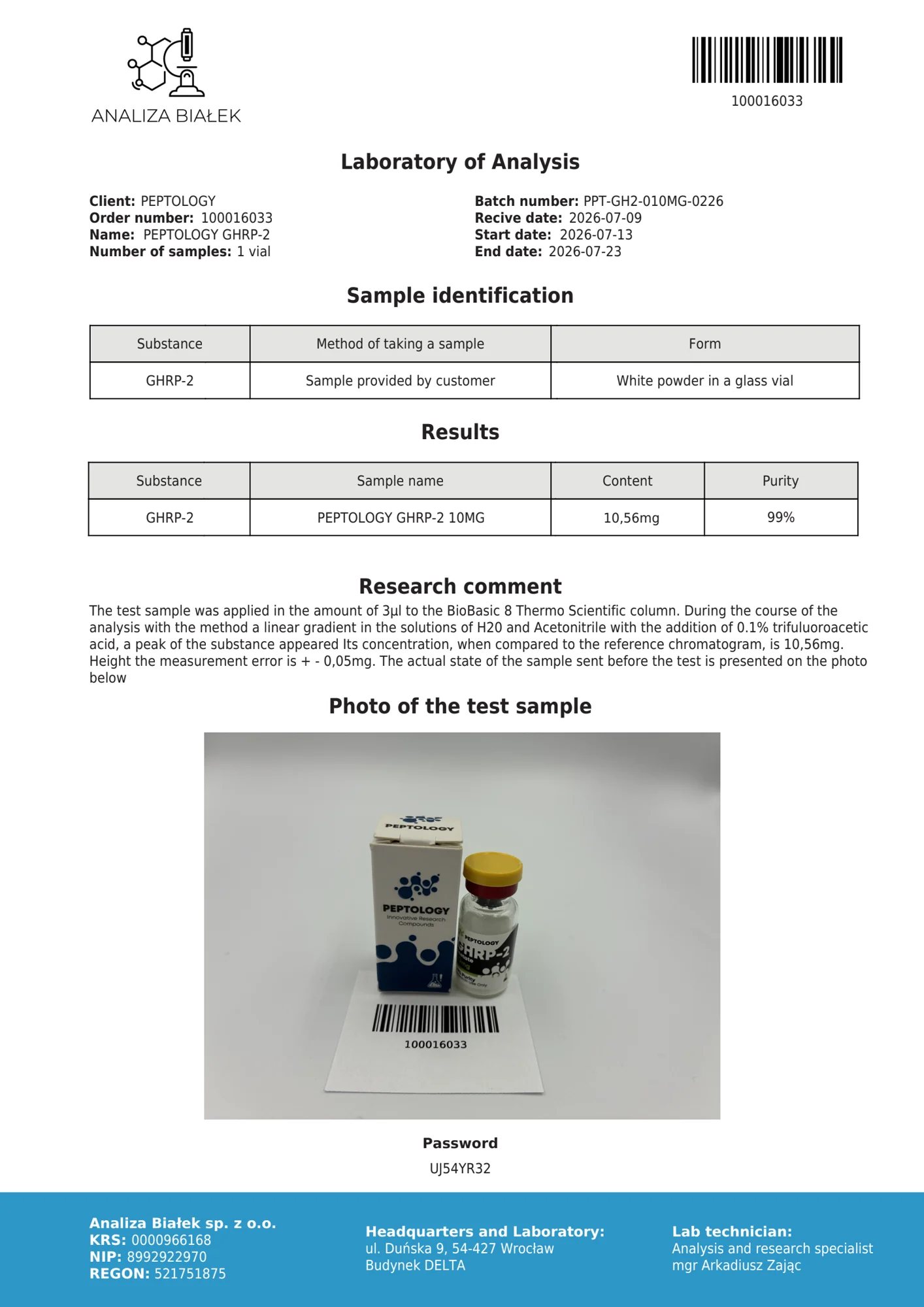 GHRP-2 10 mg – certificat de puritate HPLC, lot 0226