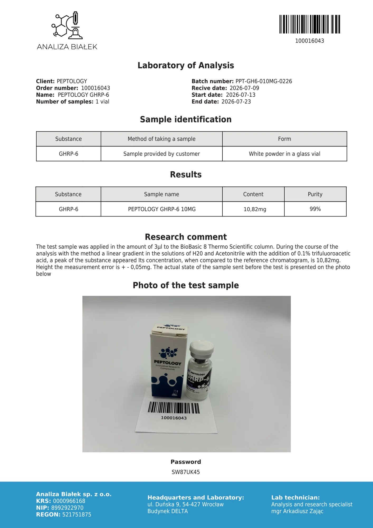 GHRP-6 10 mg – certificat de puritate HPLC, lot 0226