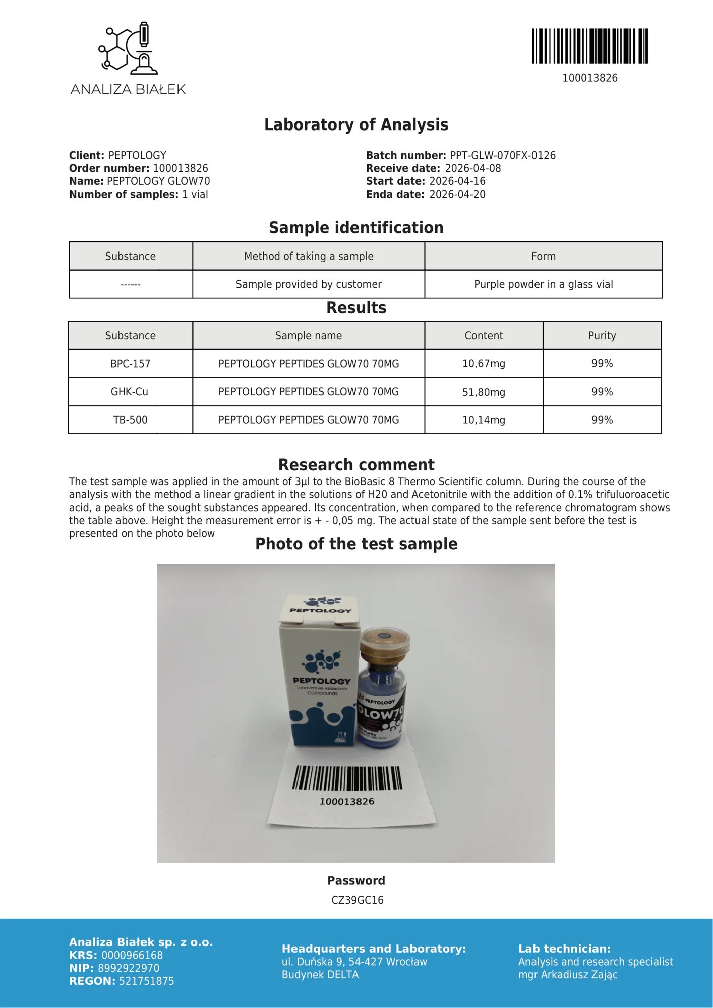 GLOW70 – certificat de puritate HPLC, lot 0126