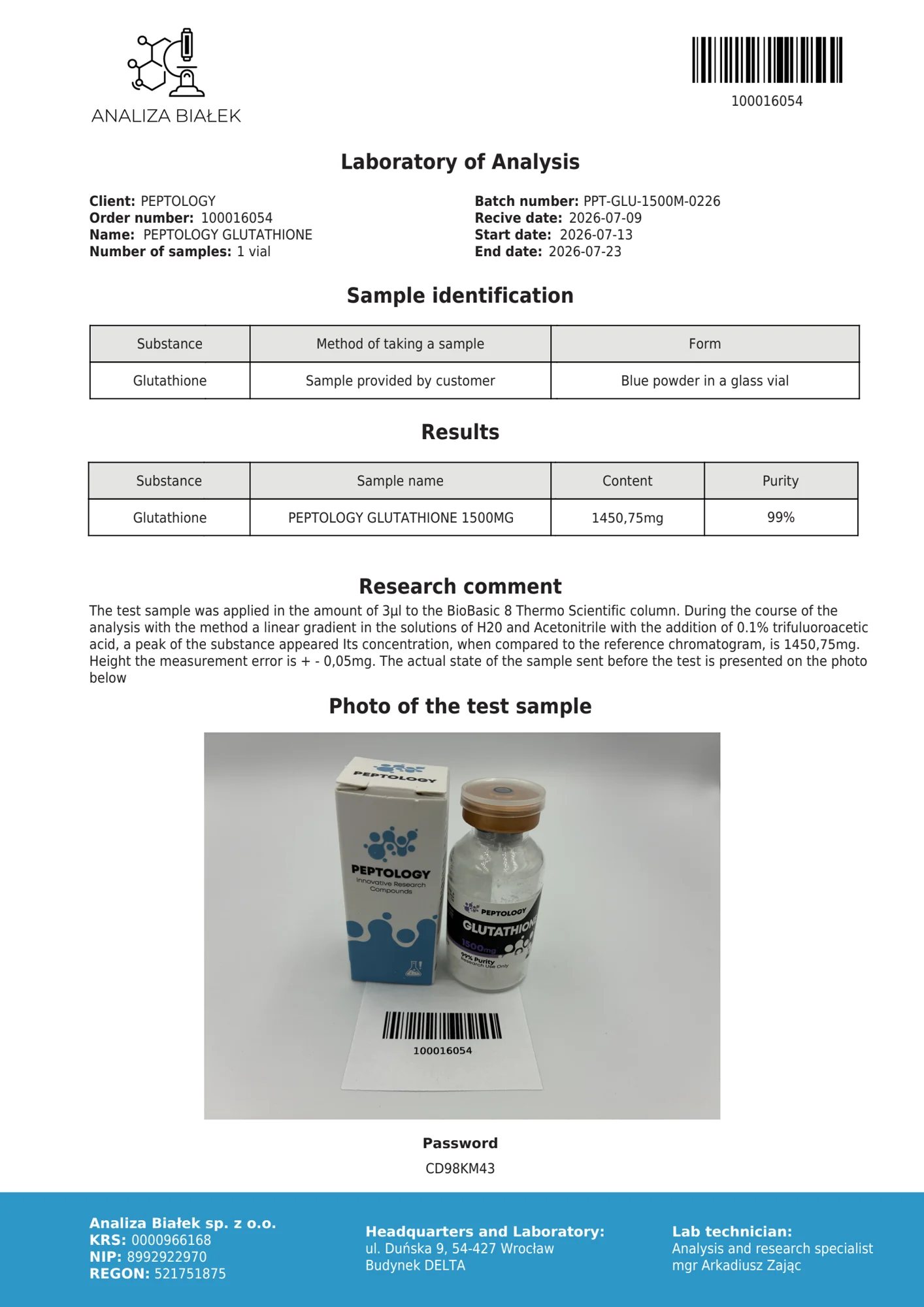 Glutathione 1500 mg – certificat de puritate HPLC, lot 0226
