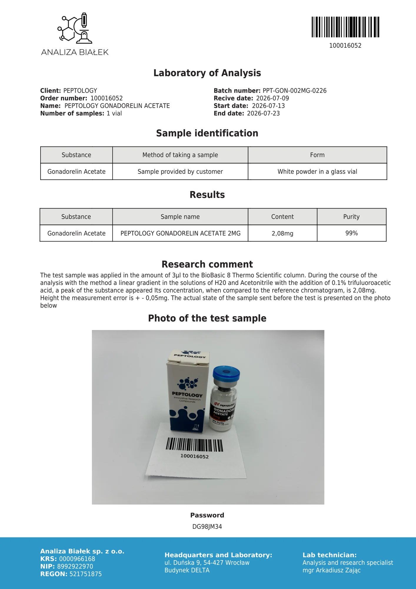 Gonadorelin 2 mg – certificat de puritate HPLC, lot 0226