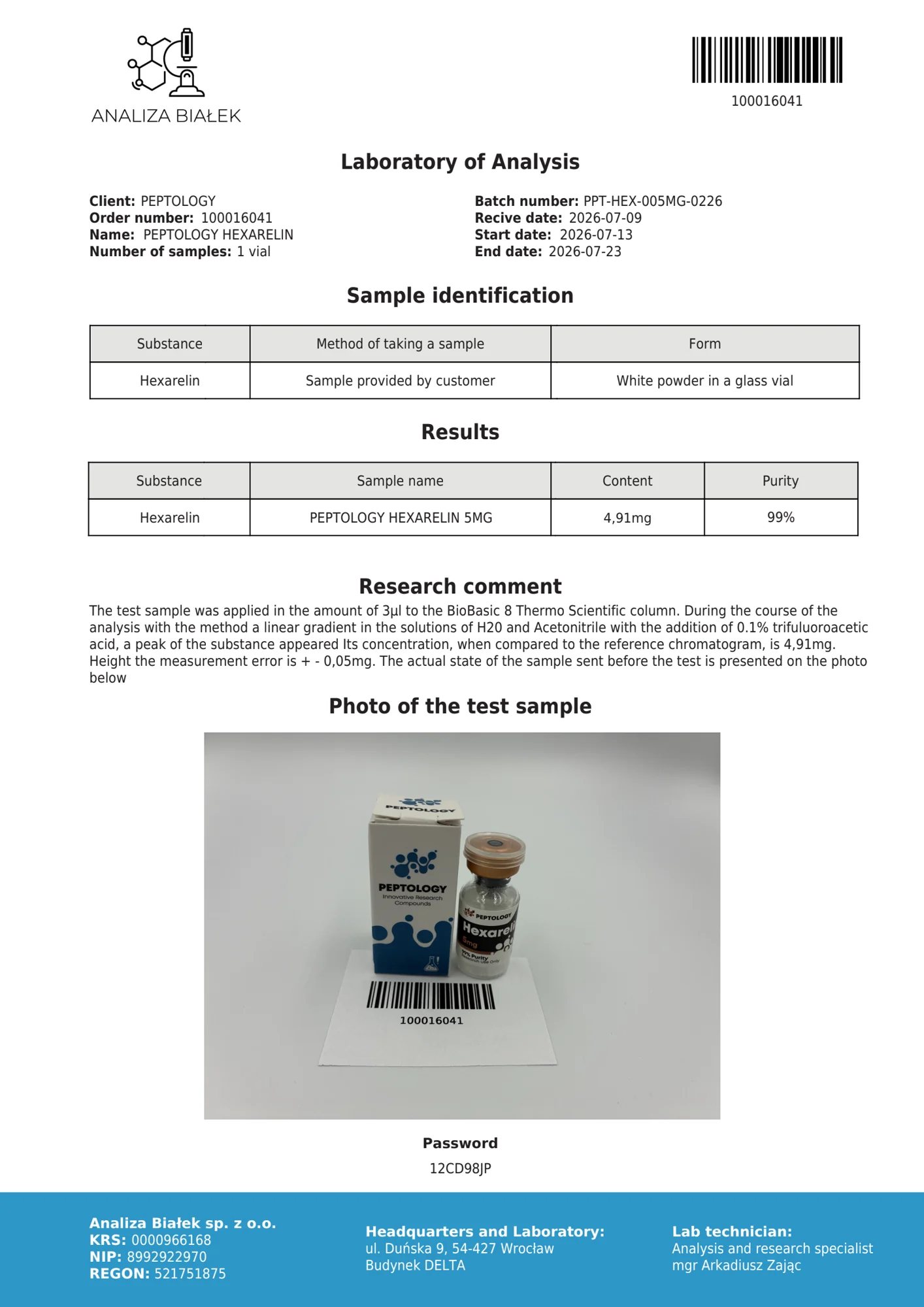 Hexarelin 5 mg – certificat de puritate HPLC, lot 0226