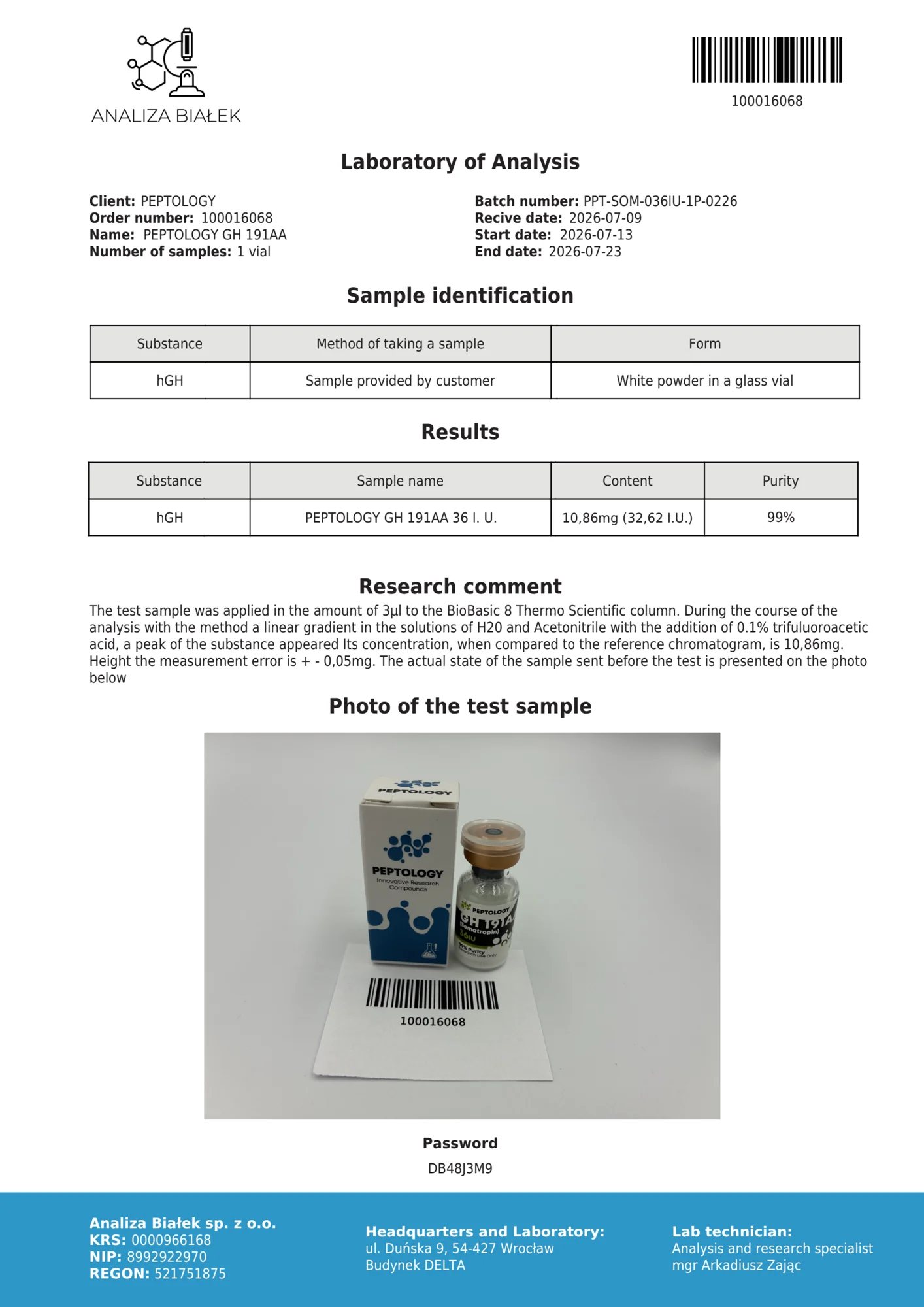 Somatropin 36 IU – certificat de puritate HPLC, lot 0226