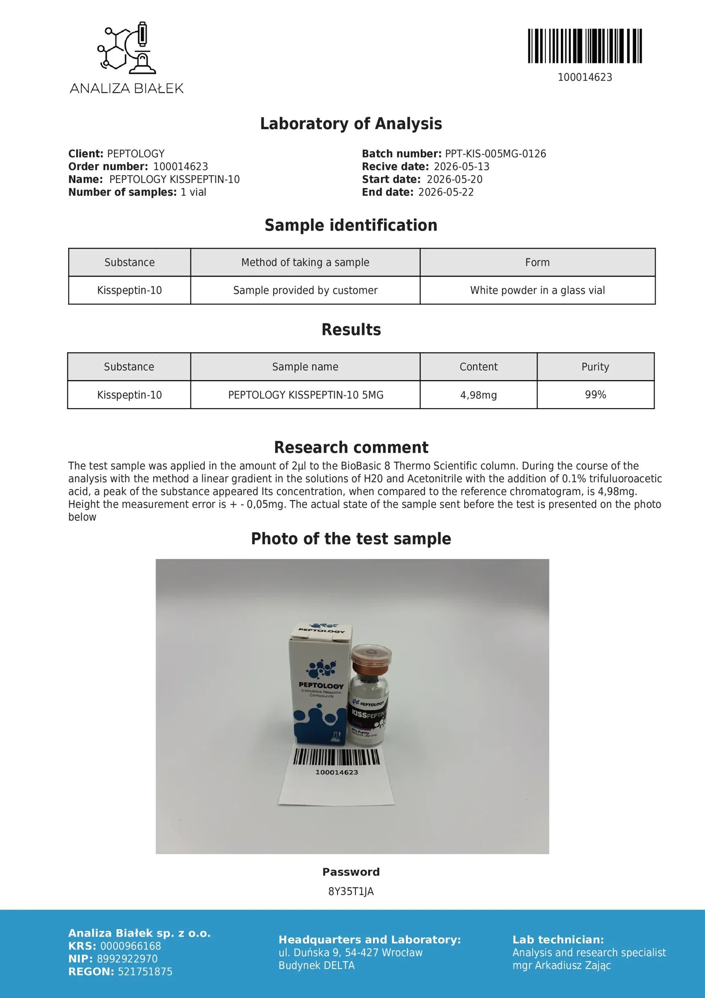 Kisspeptin-10 5 mg – certificat de puritate HPLC, lot 0126