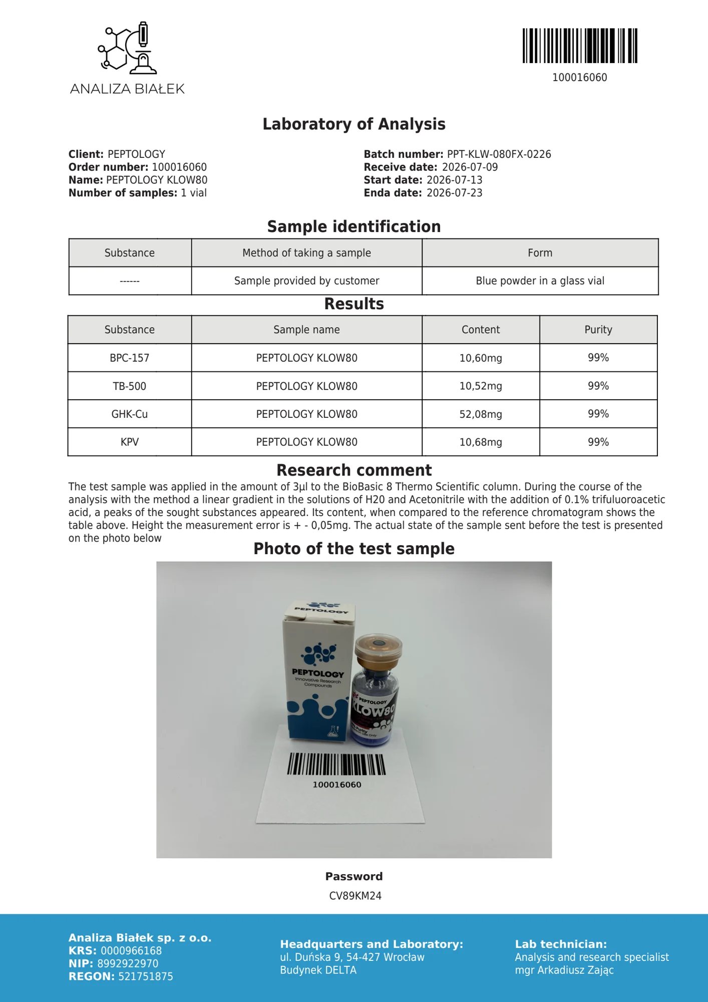KLOW80 80 mg – certificat de puritate HPLC, lot 0226