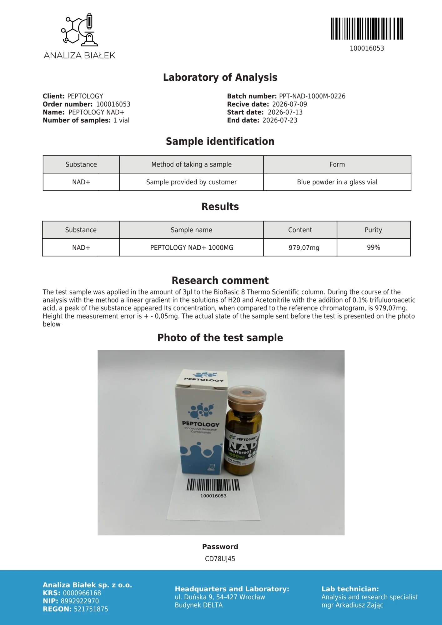 NAD+ 1000 mg – certificat de puritate HPLC, lot 0226