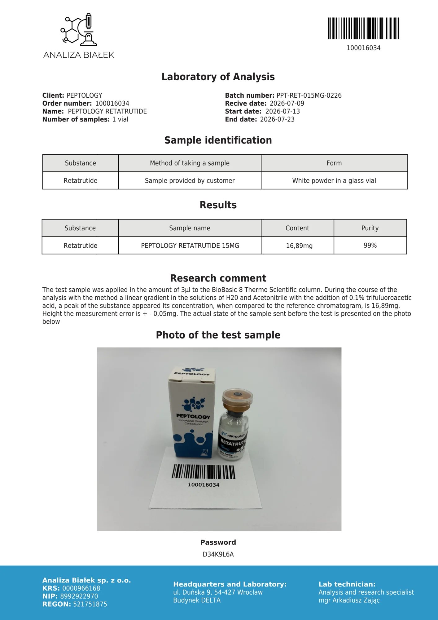Retatrutide 15 mg – certificat de puritate HPLC, lot 0226