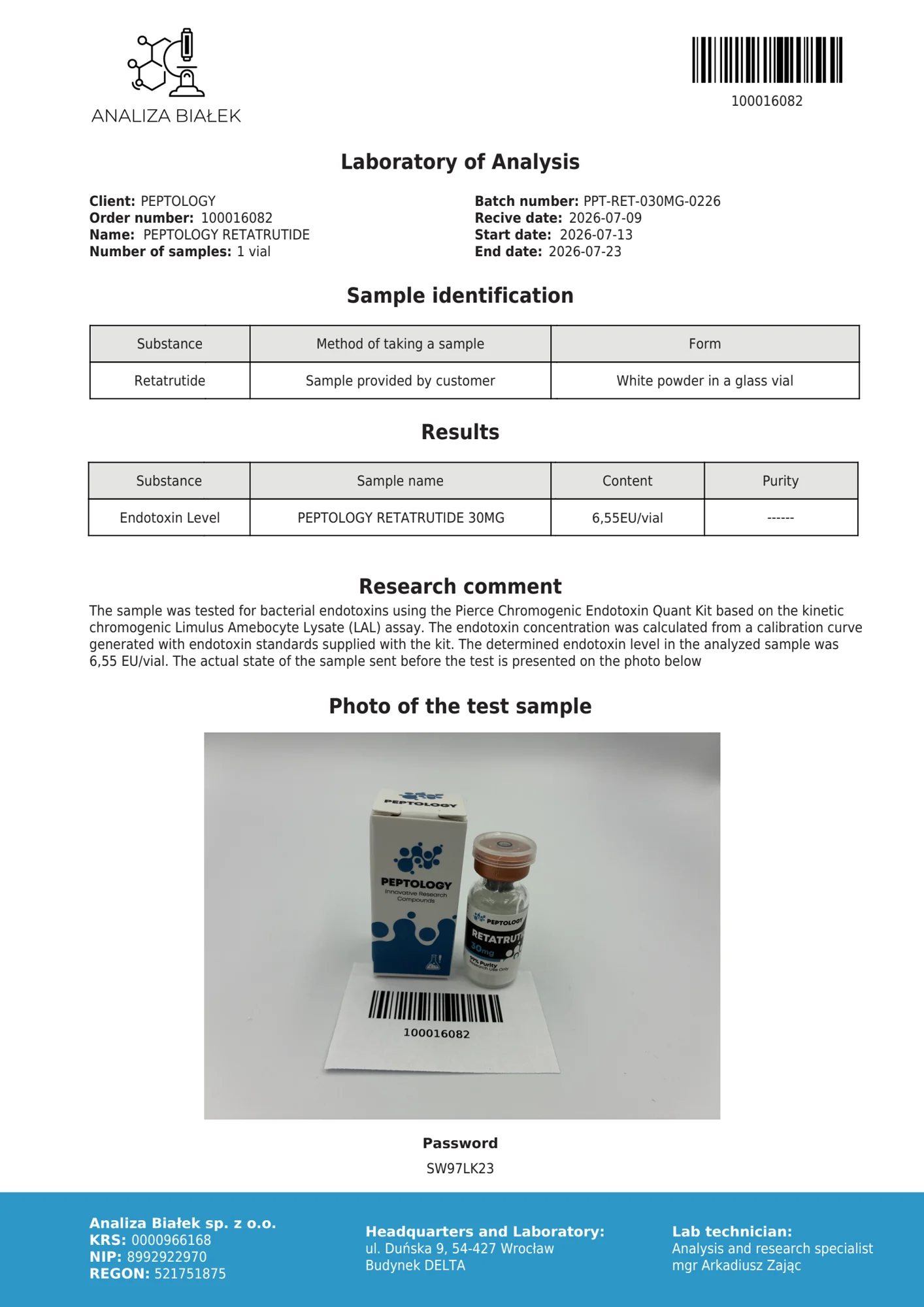 Retatrutide 30 mg – test de endotoxine, lot 0226