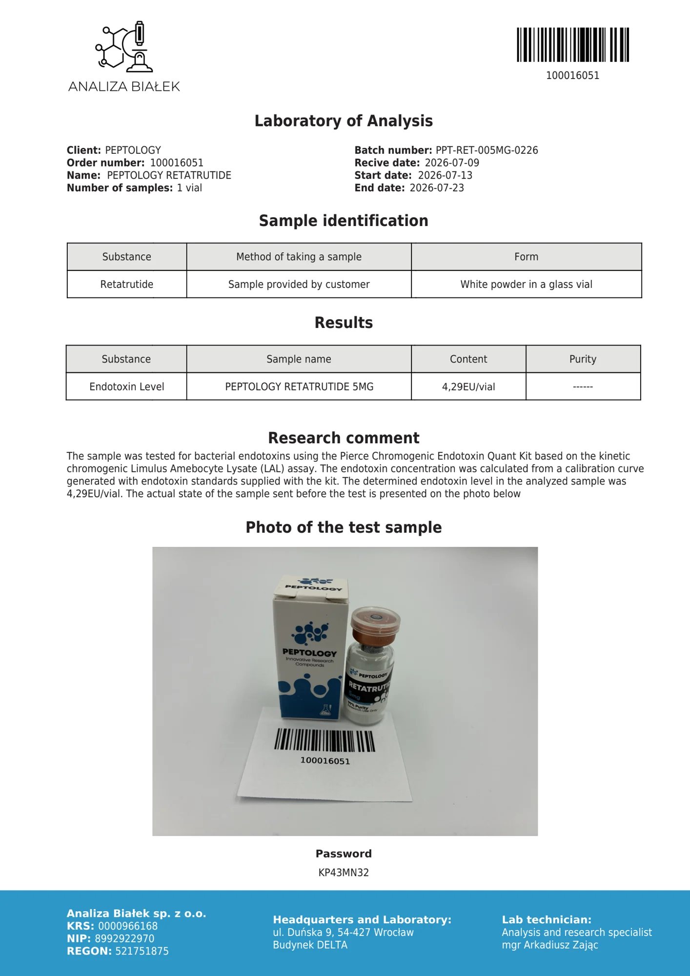 Retatrutide 5 mg – test de endotoxine, lot 0226